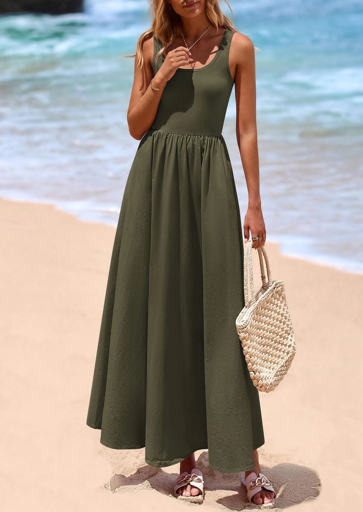 Womens Summer Casual Scoop Neck Sleeveless Long Dresses Tank Top Patchwork Aline Swing Maxi Dress with Pockets