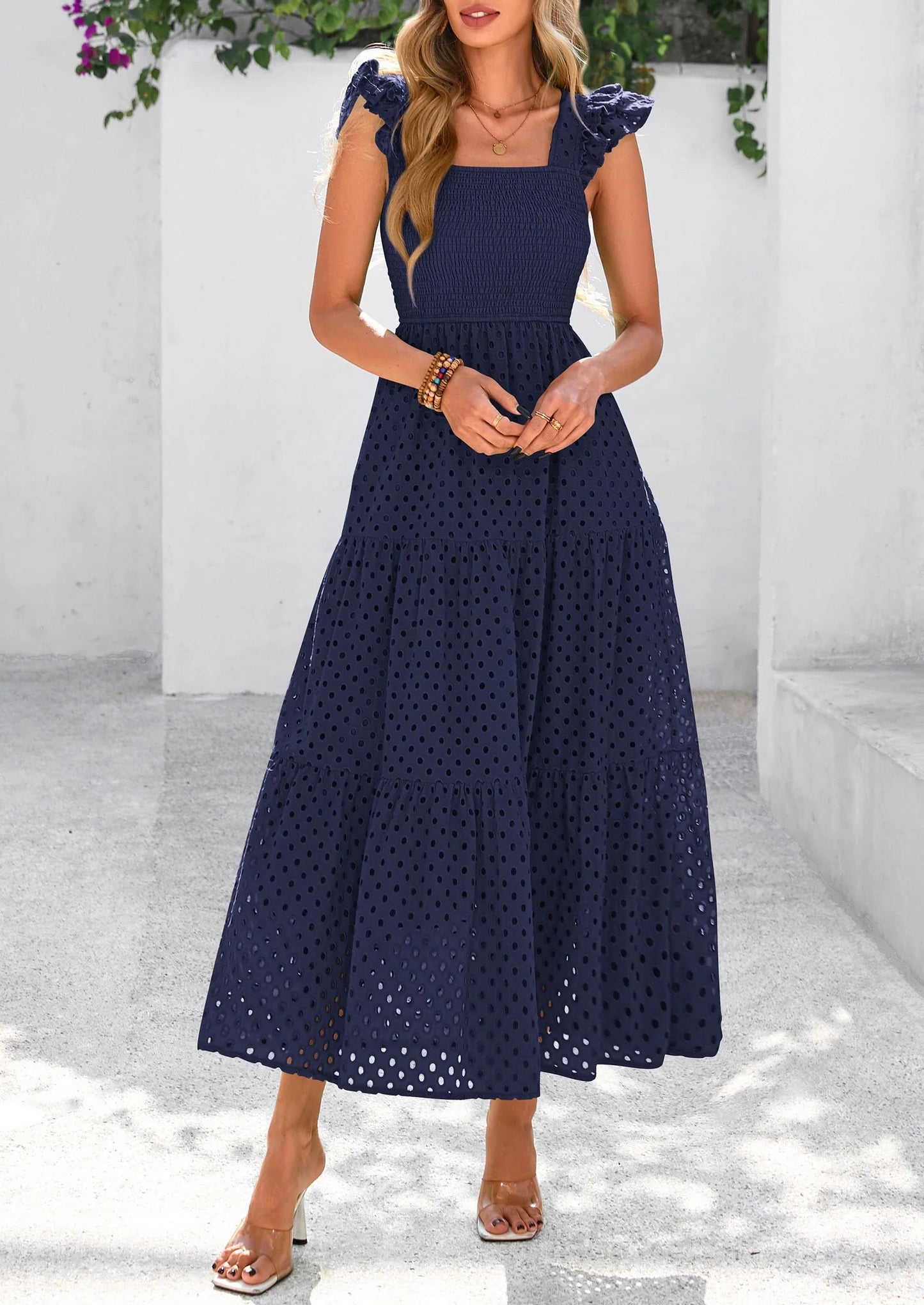 Womens Square Neck Maxi Dresses Cap Sleeve Eyelet Smocked Tiered A Line Flowy Long Dress with Pockets