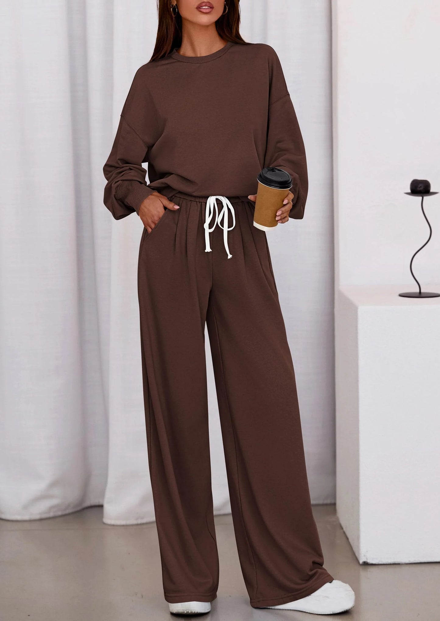Womens 2 Piece Sets Long Sleeve Sweatshirt Wide Leg Pants Loose Matching Lounge Set Trendy Fall Outfits