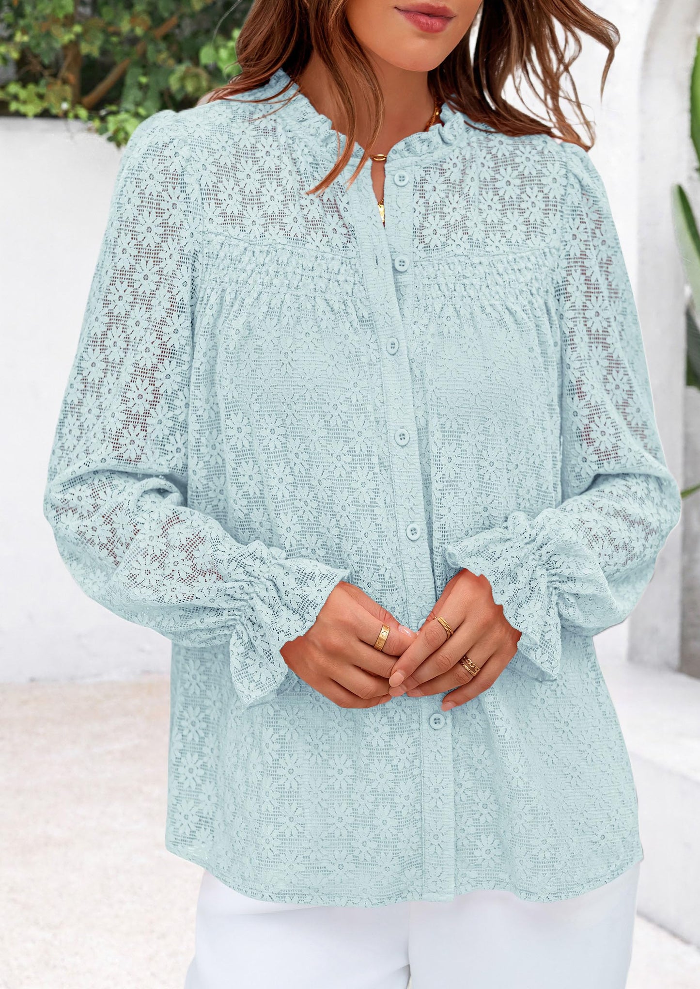 Lace Long Sleeve Tops for Women Eyelet Blouses Dressy Casual Hollow Out Button Down Shirts Summer Outfits