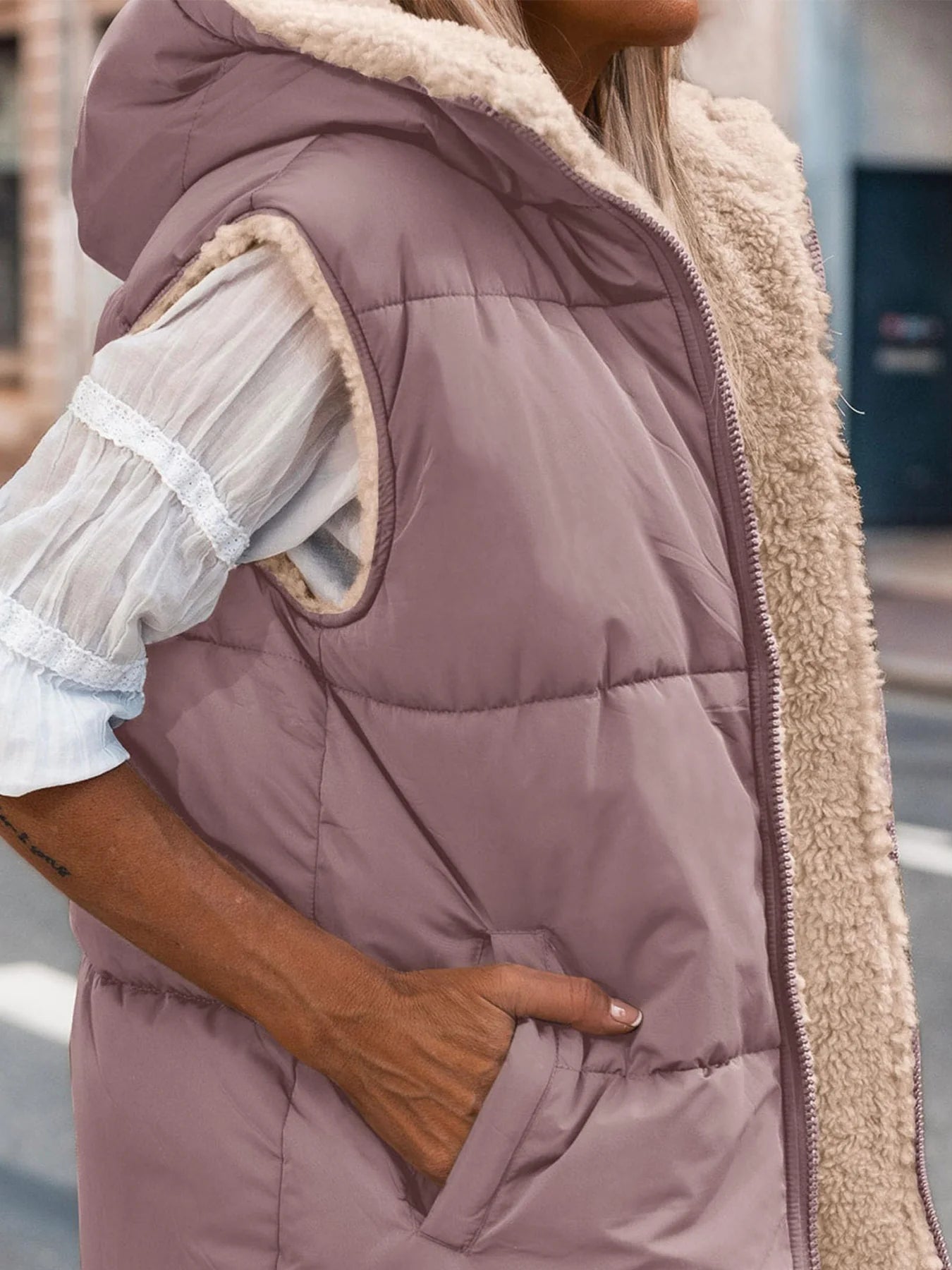 Womens Fall Reversible Vests Sleeveless Fleece Jacket Zip Up Hoodie Pockets Long Warm Winter Coat Outerwear