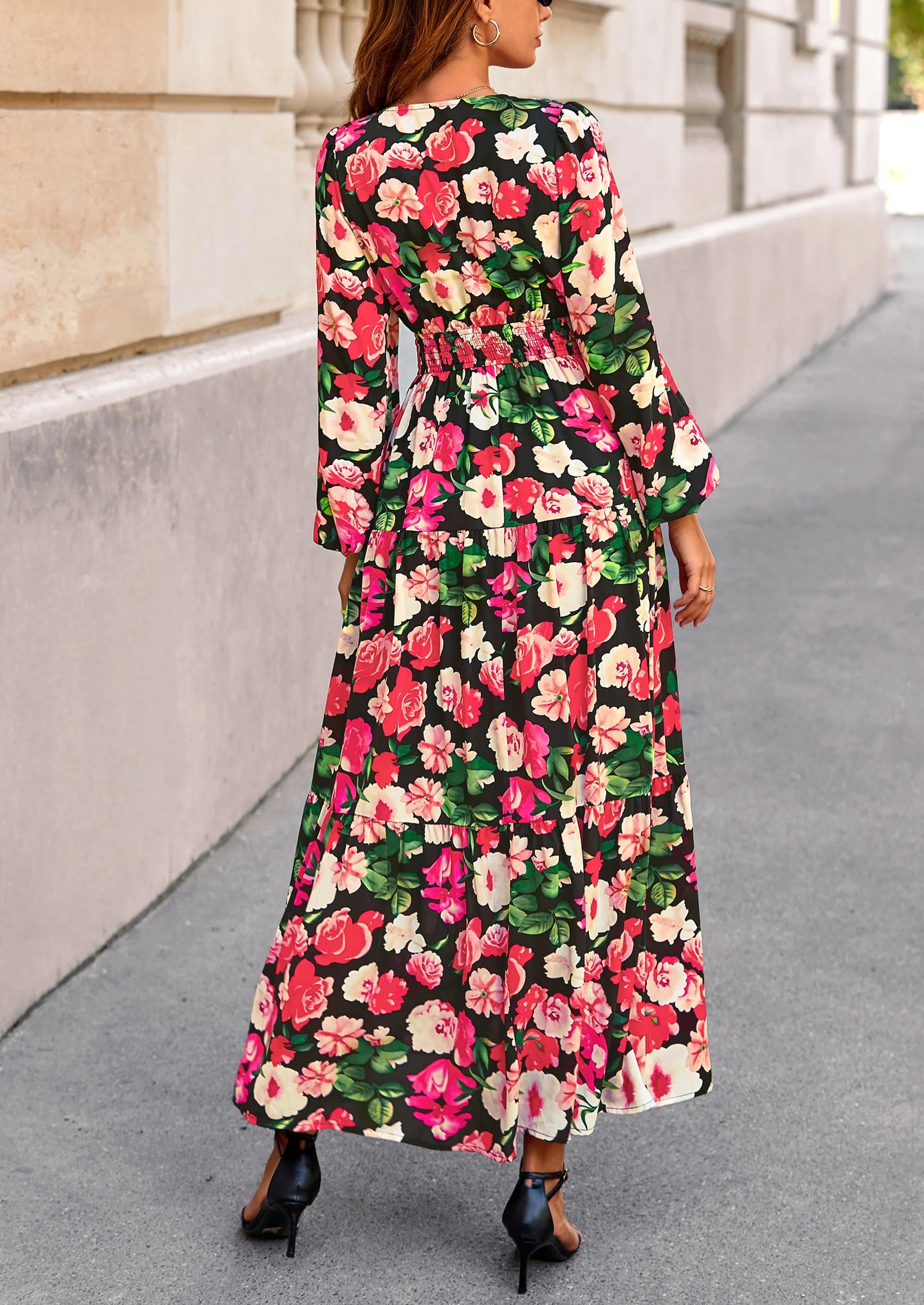 Long Sleeve Maxi Fall Dresses for Women Vneck Smocked Boho Floral Tiered Swing Flowy Wedding Guest Dress
