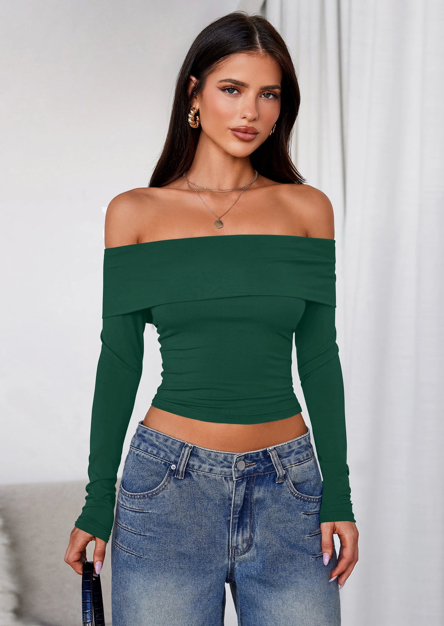 Off The Shoulder Tops for Women Long Sleeve Shirts Trendy Going Out Crop Top Spring Fashion Clothes