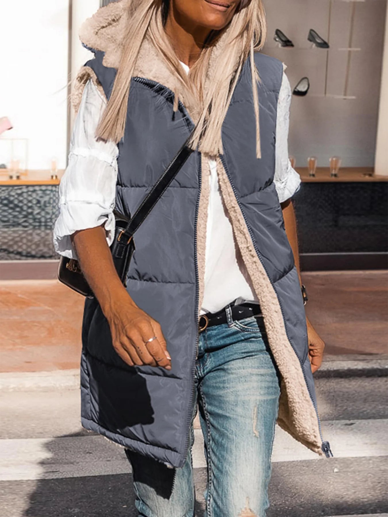 Womens Fall Reversible Vests Sleeveless Fleece Jacket Zip Up Hoodie Pockets Long Warm Winter Coat Outerwear