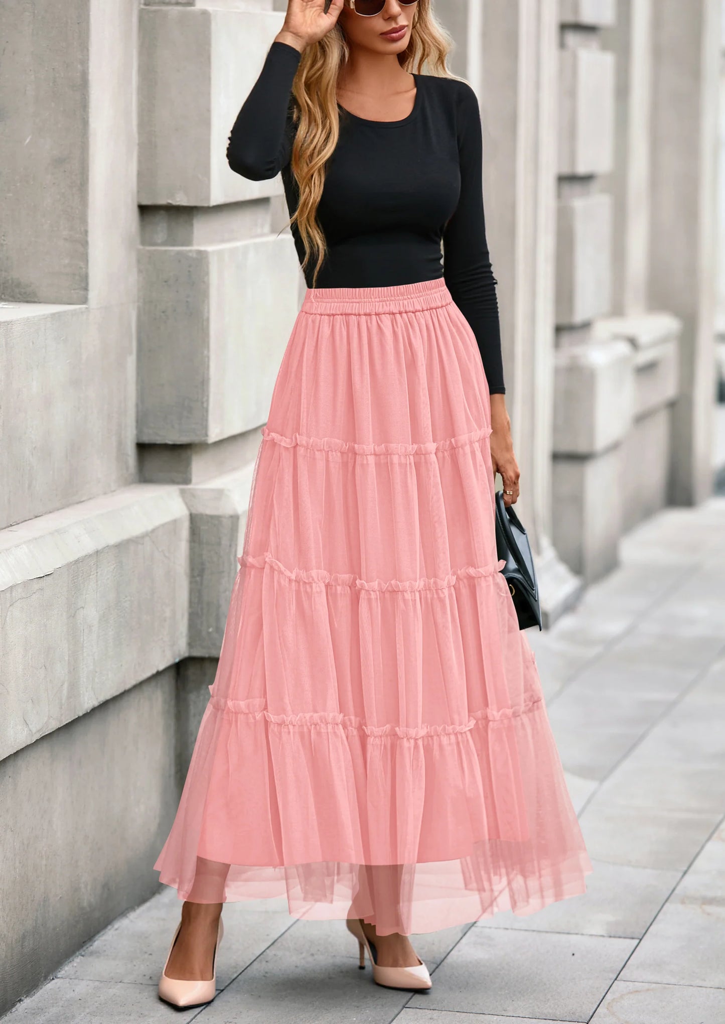 Maxi Skirts for Women Fall Tulle High Waisted Ruffle Flowy A-Line Long Skirt Country Concert Outfits