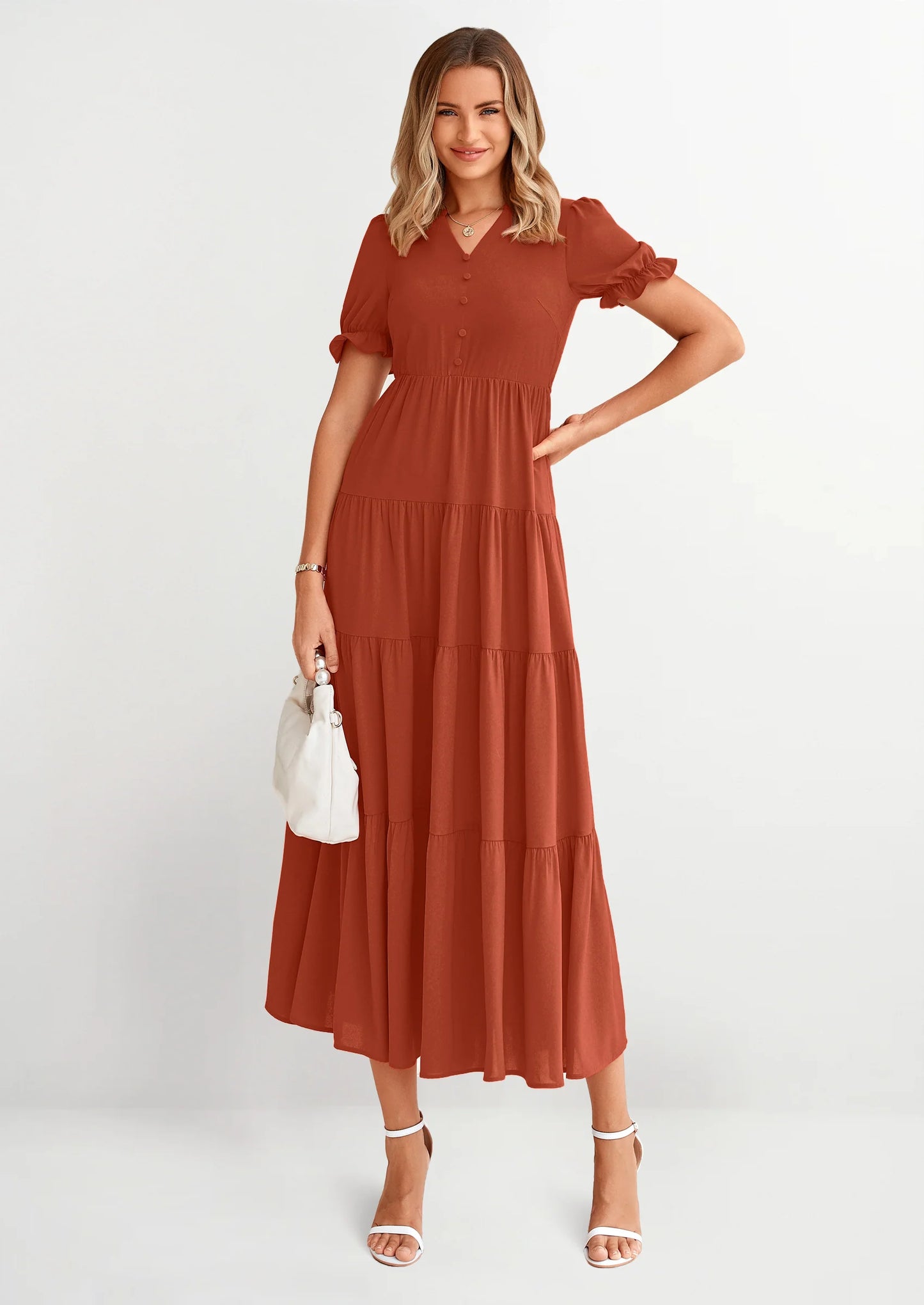 Women's Casual Short Sleeve V Neck Midi Dresses Spring A-line Tiered Wedding Guest Dress