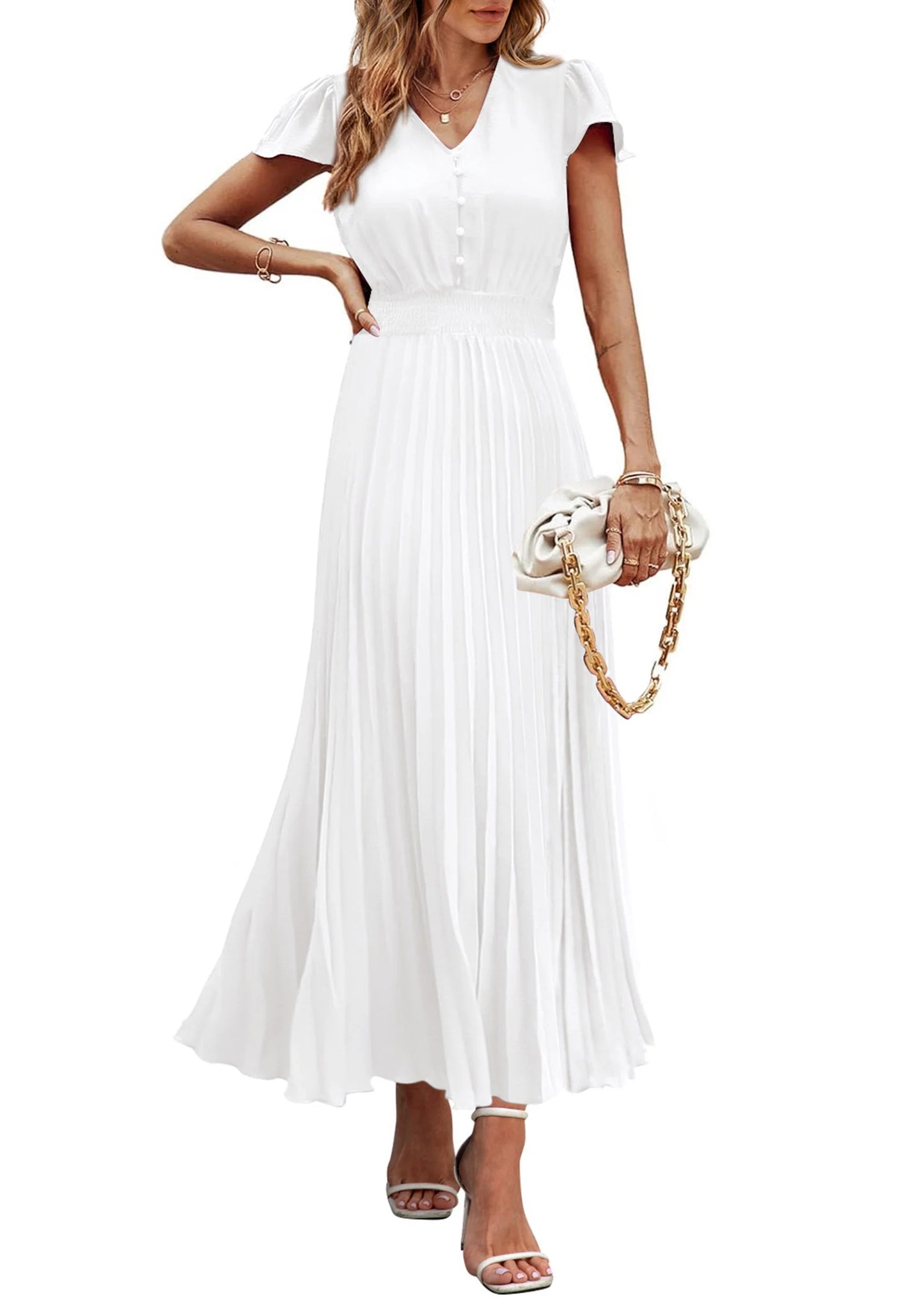 Women's Maxi Dresses Summer Trendy Cap Short Sleeve Button V Neck Casual Flowy Pleated Long Dress