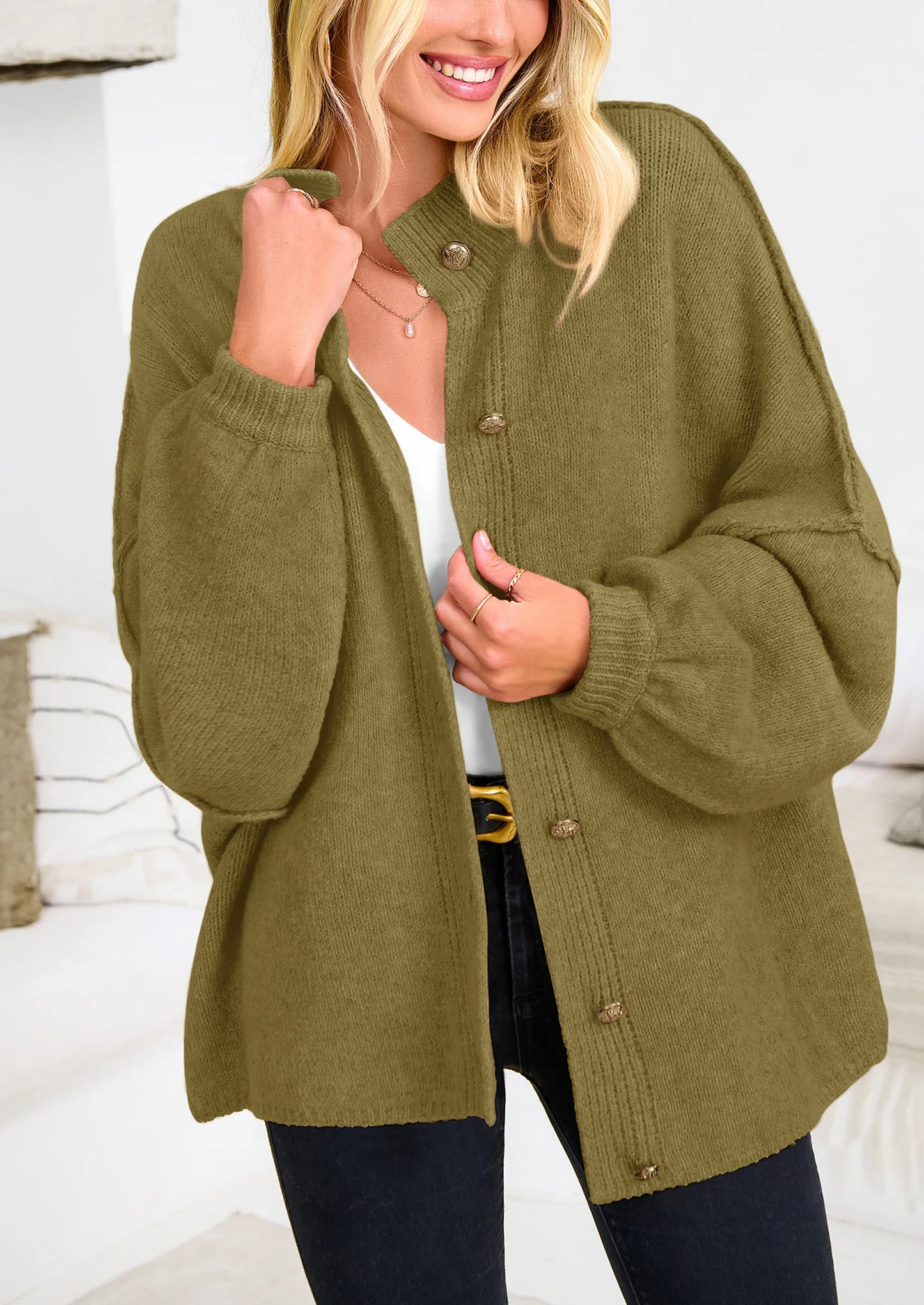 Women's Winter Button Down Cardigan Sweaters Mock Neck Lantern Long Sleeve Chunky Knit Jacket Trendy Outerwear