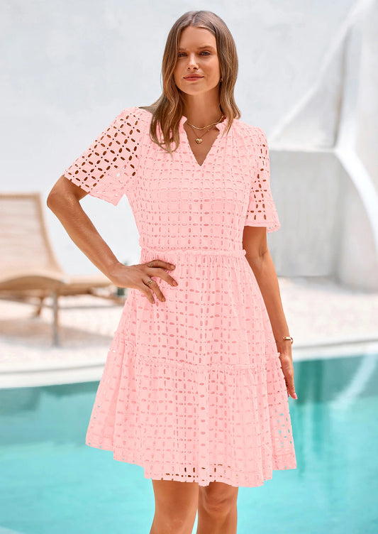 Women's Short Sleeve Mini Dress Summer V Neck Hollow Out Eyelet Ruffle A Line Swing Short Dresses
