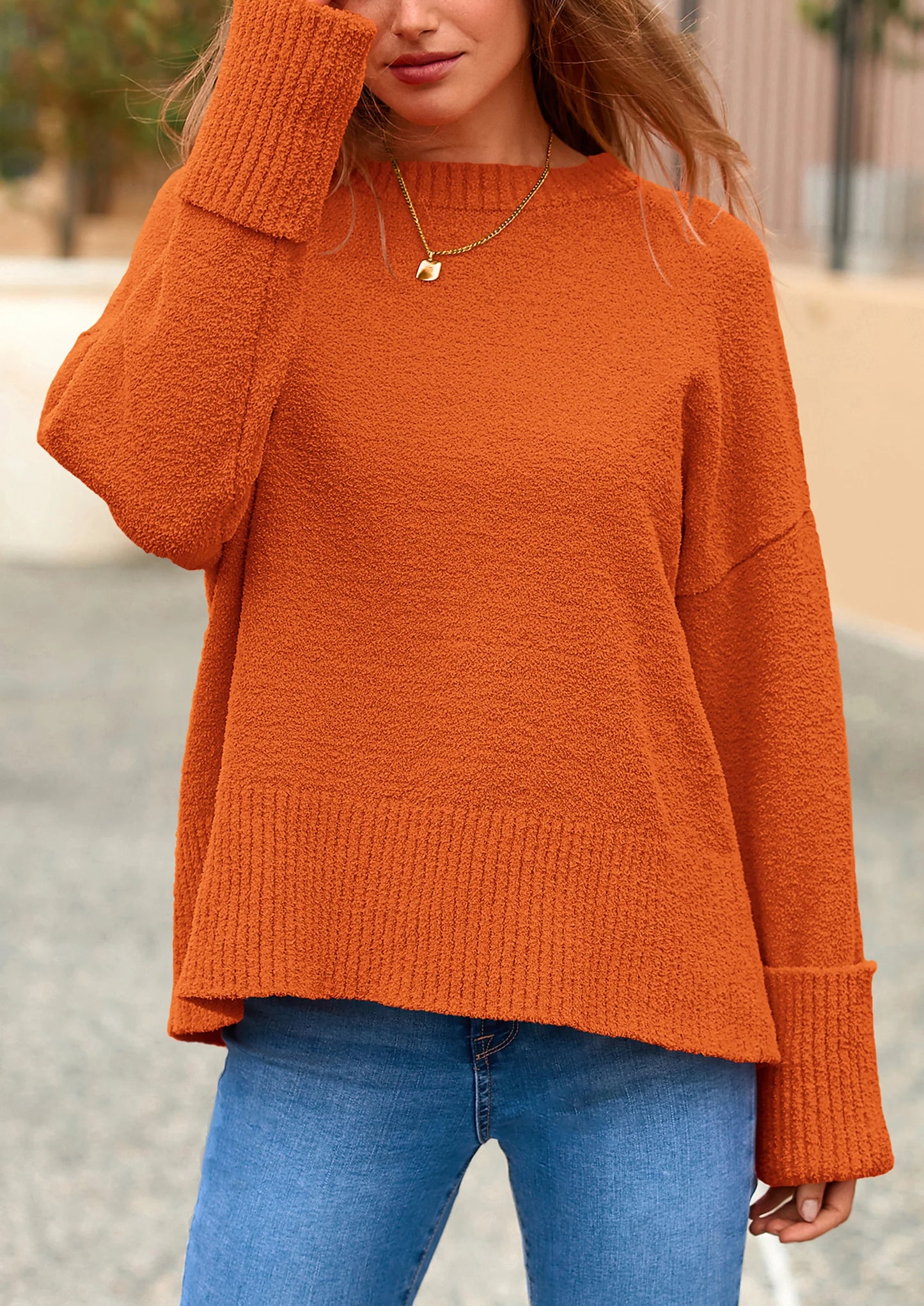 Women's Fall Oversized Sweaters Casual Crewneck Pullover Long Sleeve Fuzzy Chunky Knit Tops Blouse