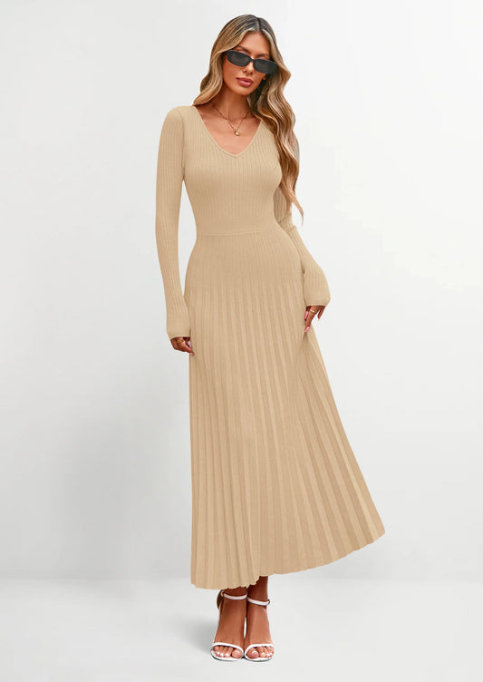 Women Sweater Dress Fall Fashion Long Sleeve V Neck Ribbed Knit Pleated A Line Elegant Maxi Winter Dresses