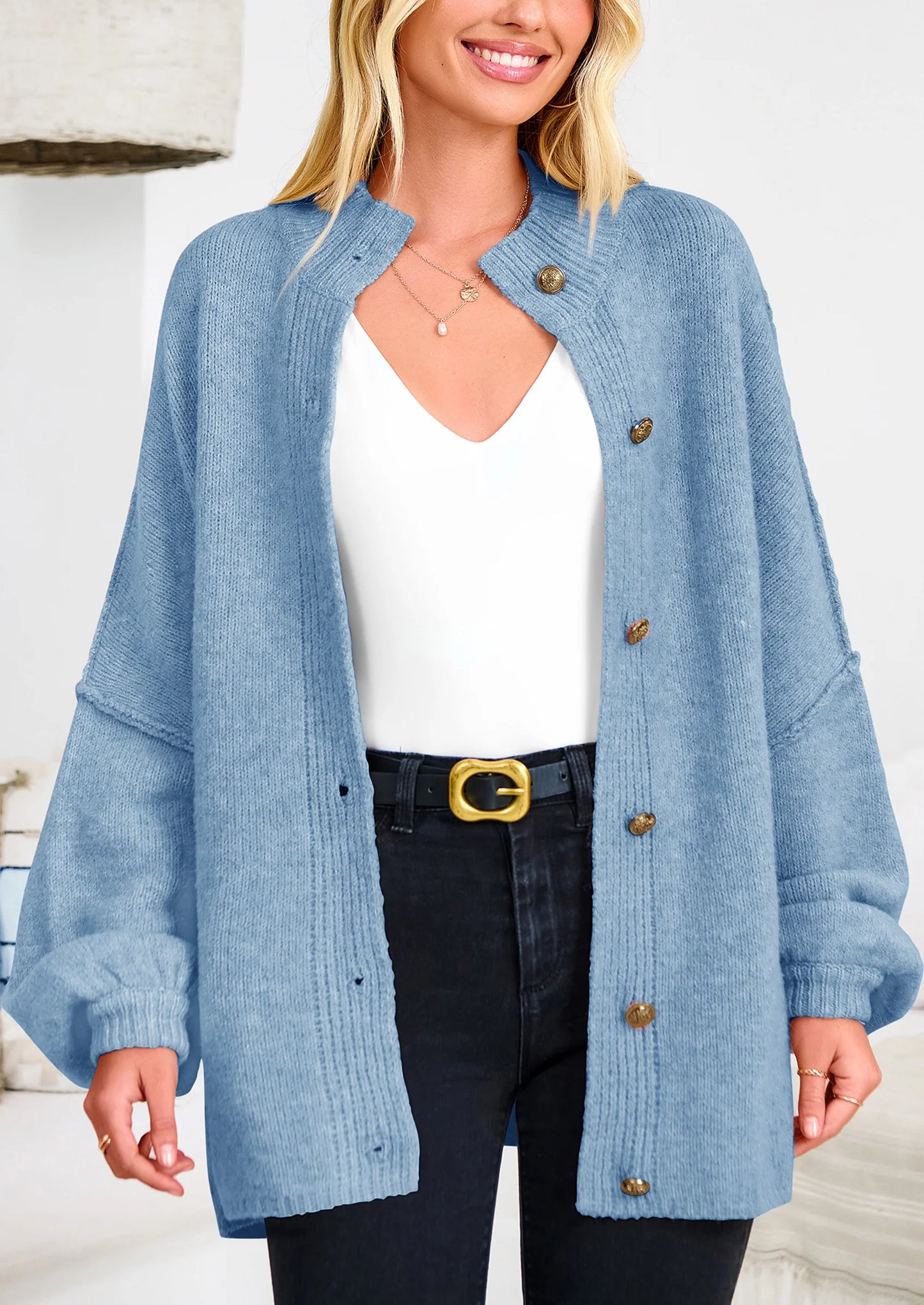 Women's Winter Button Down Cardigan Sweaters Mock Neck Lantern Long Sleeve Chunky Knit Jacket Trendy Outerwear