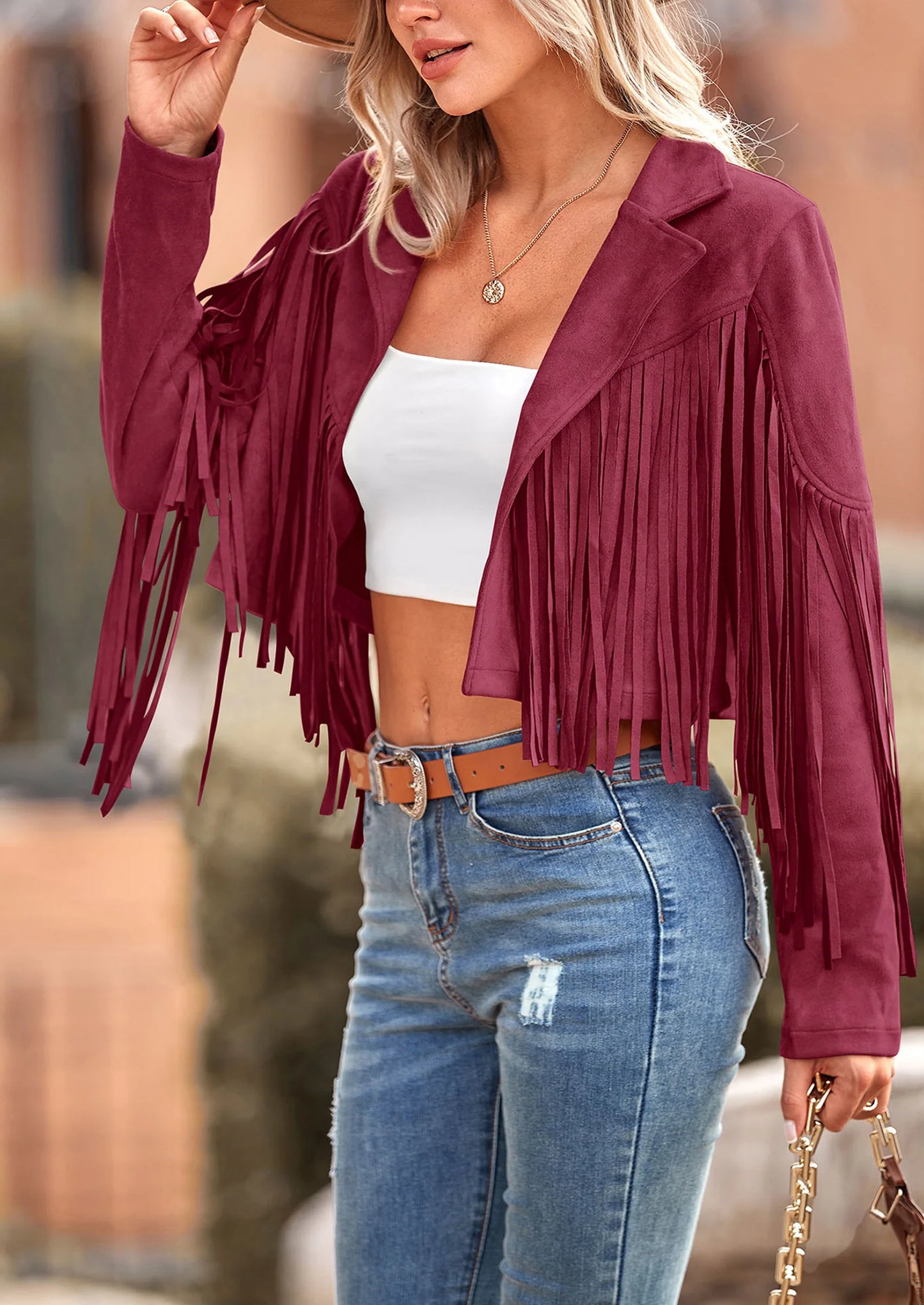 Women's Fringe Faux Suede Leather Jackets Fashion Tassel Motorcycle Cropped Coats