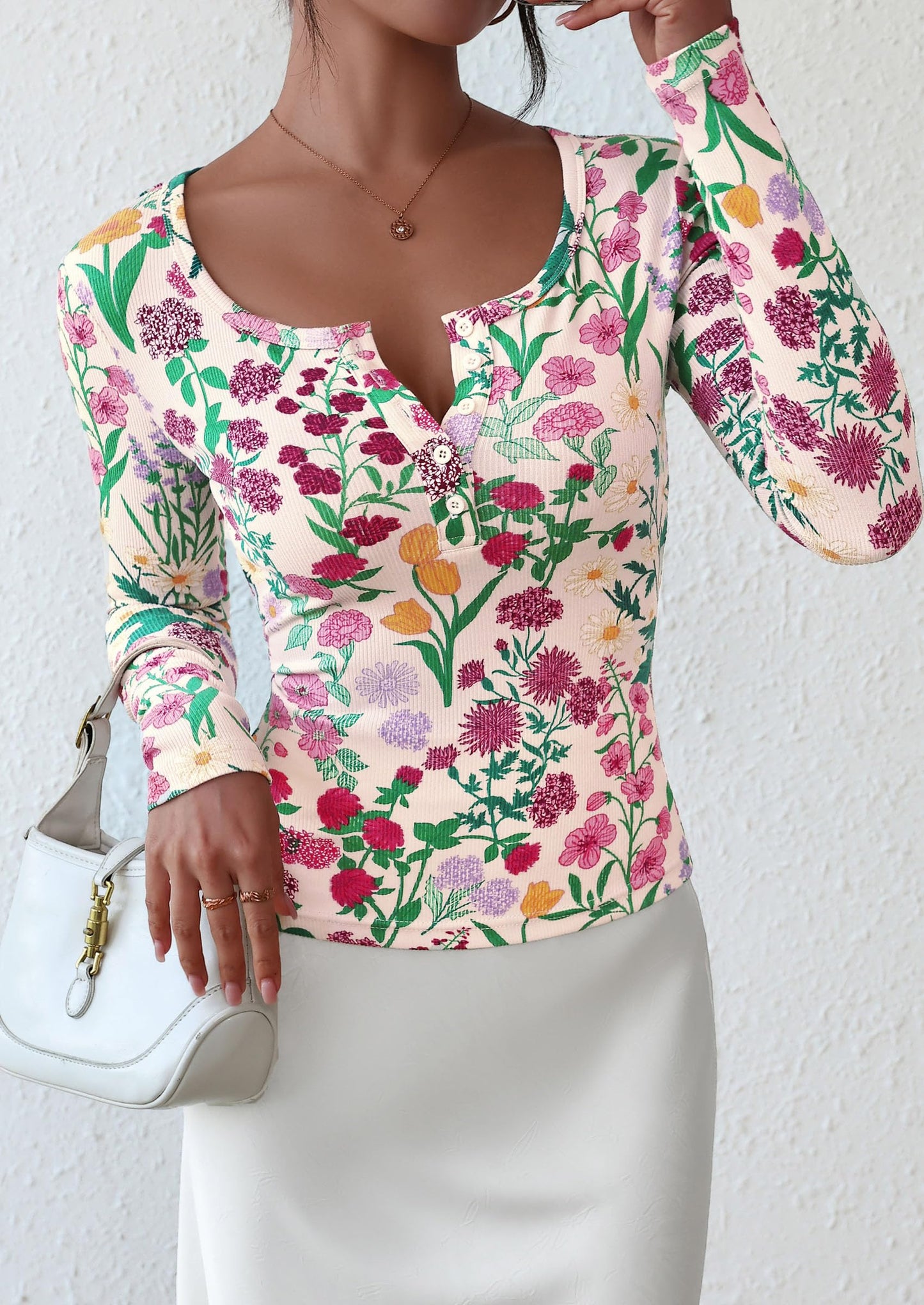 Women's Fall Long Sleeve Henley T Shirts Button Ribbed Knit Slim Fit Basic Tops Blouse Casual Outfits