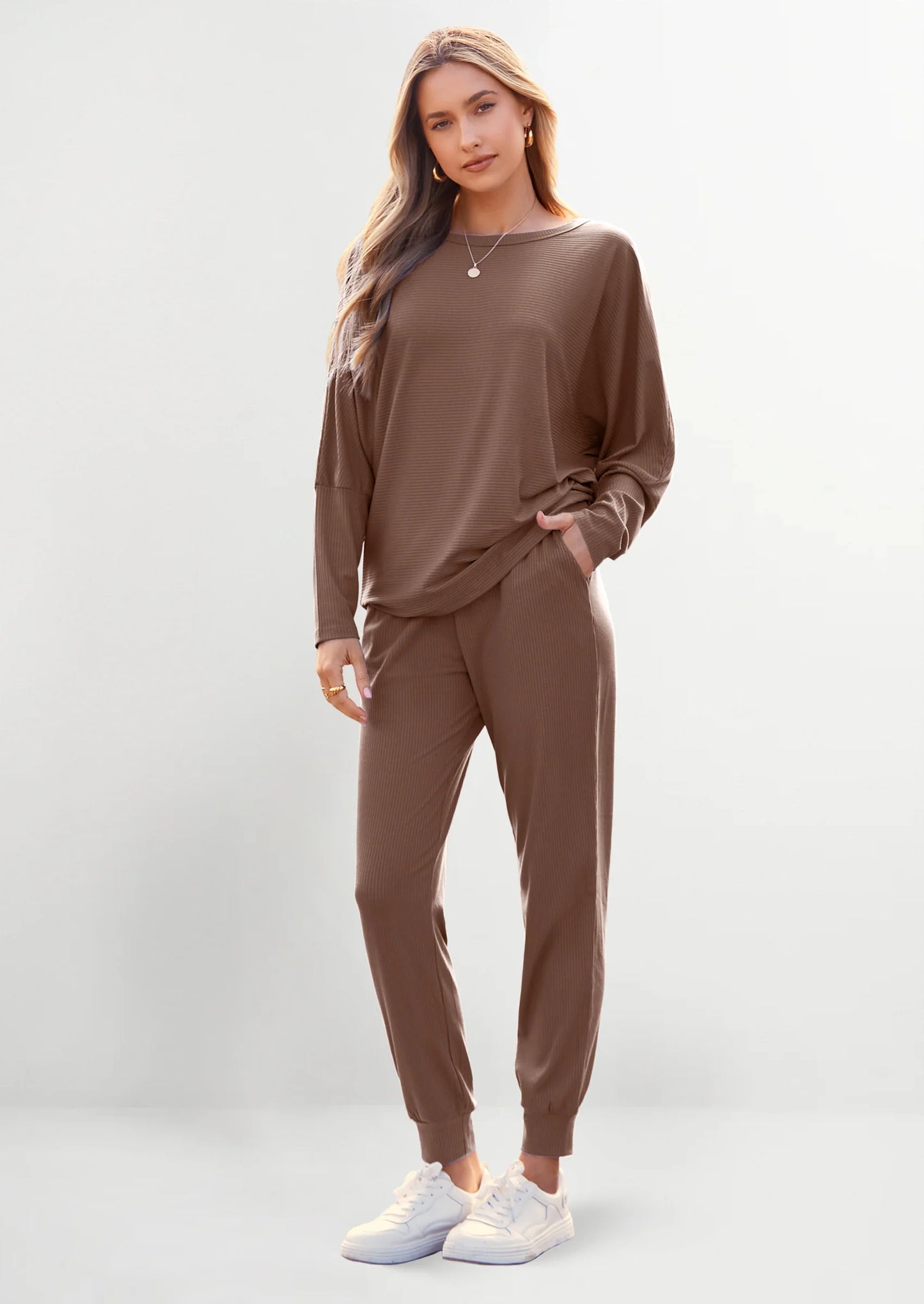Women's Fall 2 Piece Lounge Set Long Sleeve Tops Ribbed Pants Spring Matching Sweatsuit Travel Outfits Clothes