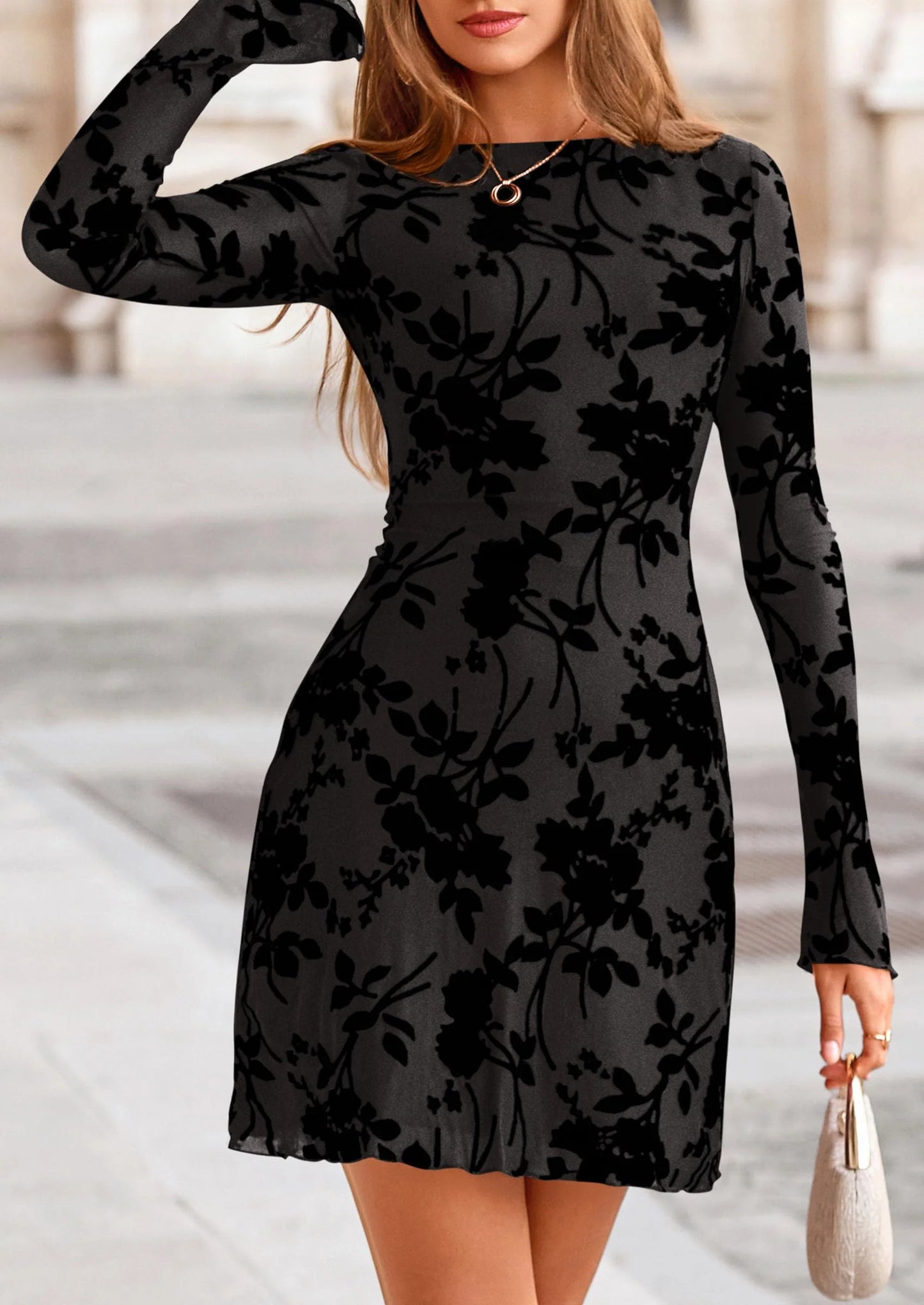 Women's Fall Fashion Floral Long Sleeve Mini Dress Mesh Bodycon Short Party Date Night Going Out Dresses