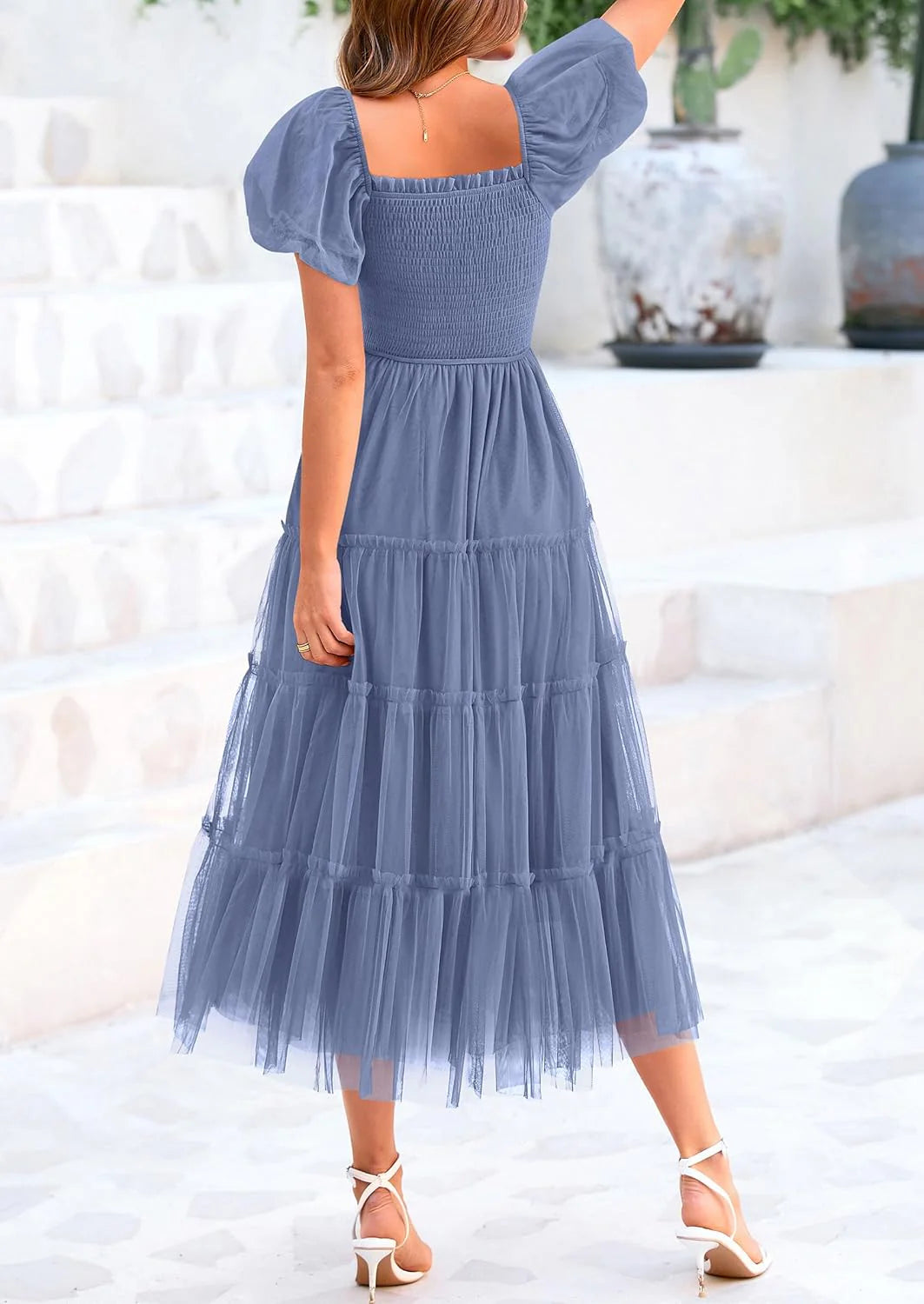 Women's Smocked Tulle Midi Dress Square Neck Puffy Short Sleeve Ruffle Wedding Guest Party Dresses