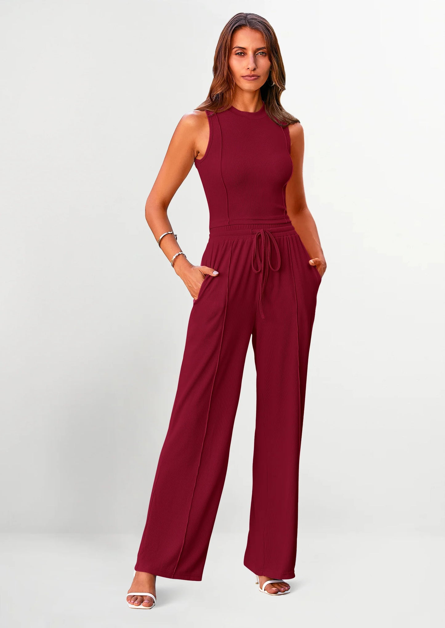 Women's Summer 2 Piece Loungewear Set Cropped Tank Top Wide Leg Sweatpants Tracksuit Casual Outfits