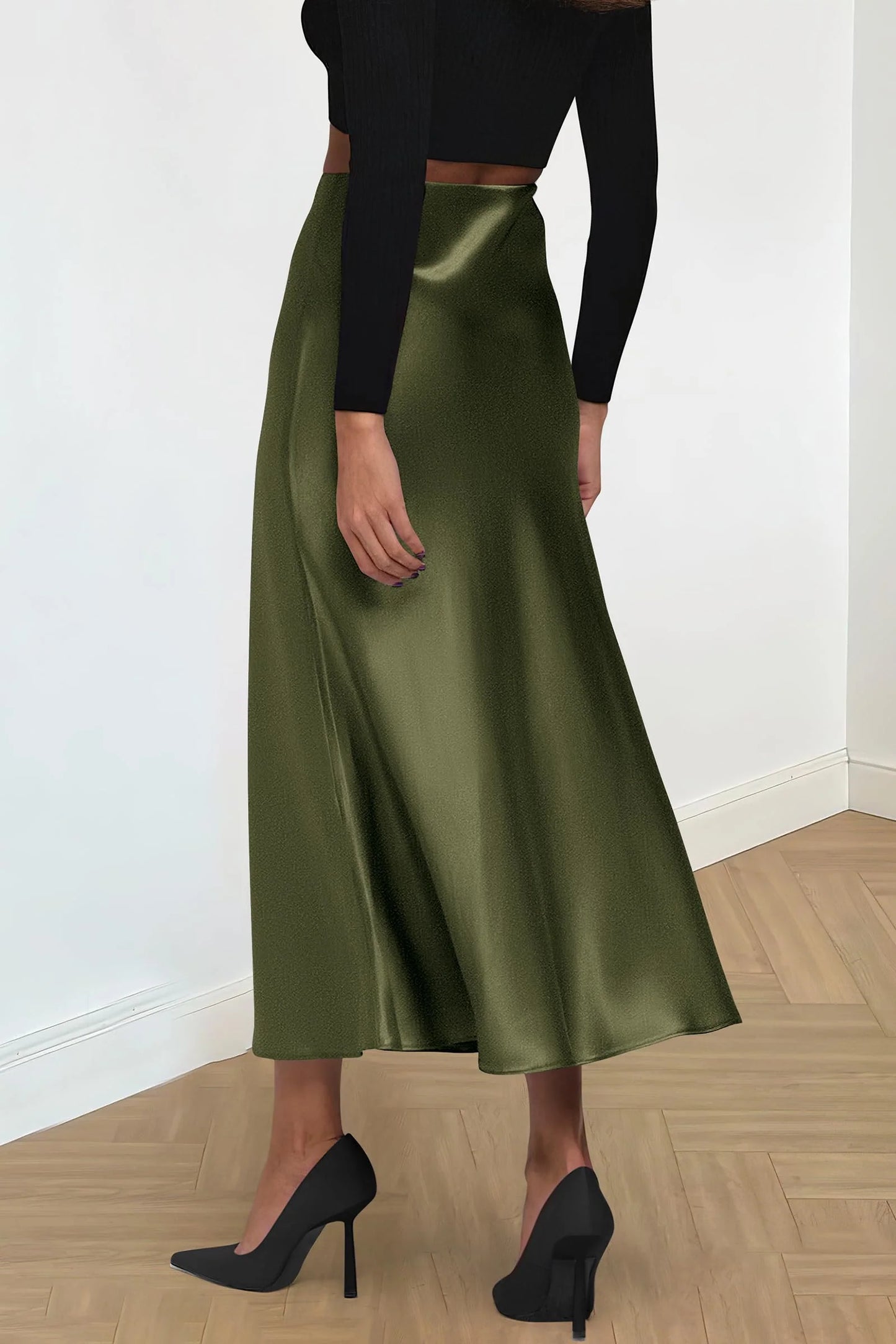 Women's Satin Skirts Dressy Casual Fall High Waisted Cocktail Wedding Flowy Elegant A Line Midi Skirt