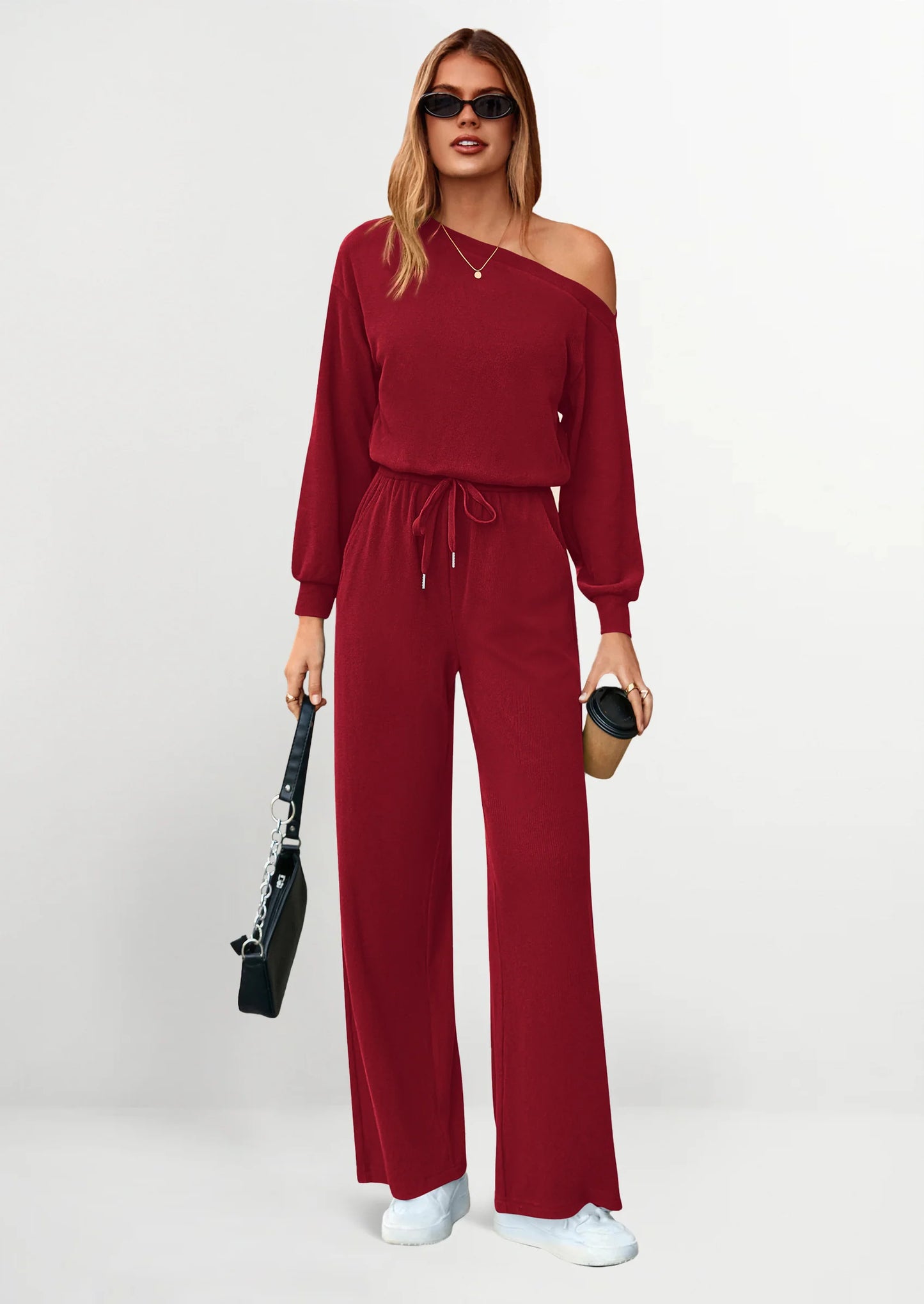 Long Sleeve Jumpsuit For Women Dressy Off Shoulder One Piece Loose Wide Leg Jumpsuits Casual Flowy Romper
