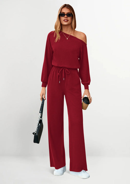 Long Sleeve Jumpsuit For Women Dressy Off Shoulder One Piece Loose Wide Leg Jumpsuits Casual Flowy Romper
