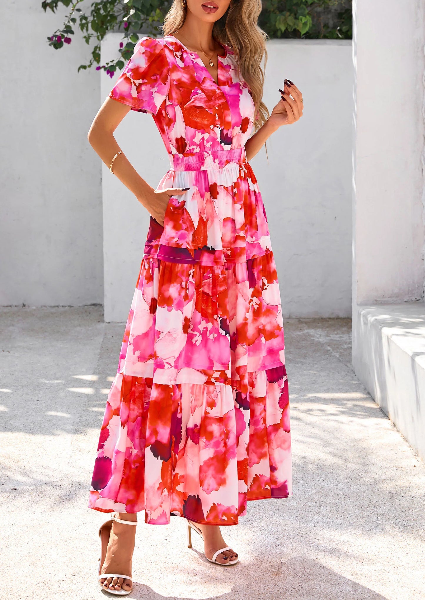 Women's Boho Maxi Dresses Floral Short Sleeve V Neck A Line Tiered Flowy Long Beach Vacation Dress