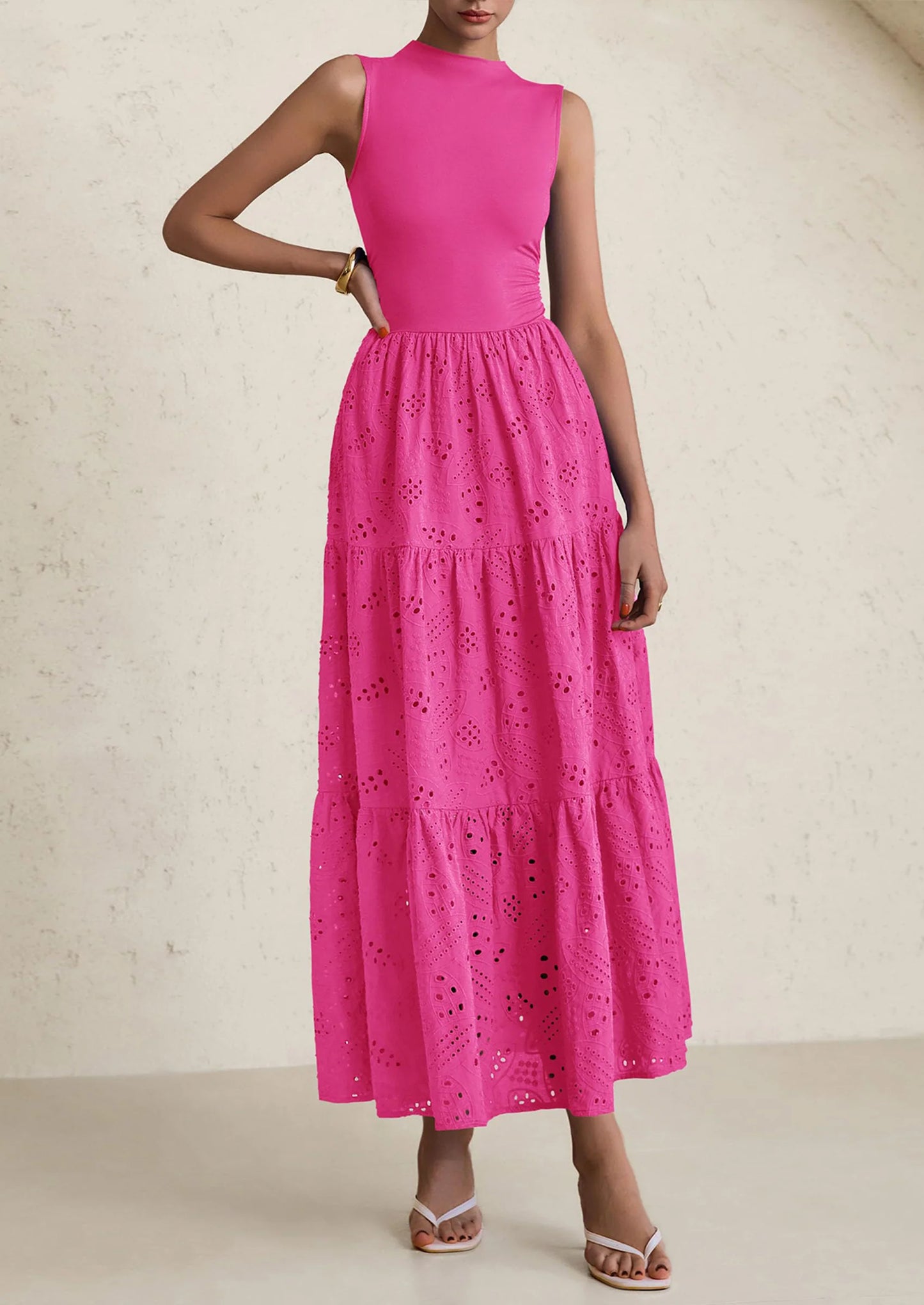 Dresses for Women Casual Eyelet Sleeveless Wedding Guest Maxi Dress Tank Top Sundress with Pockets