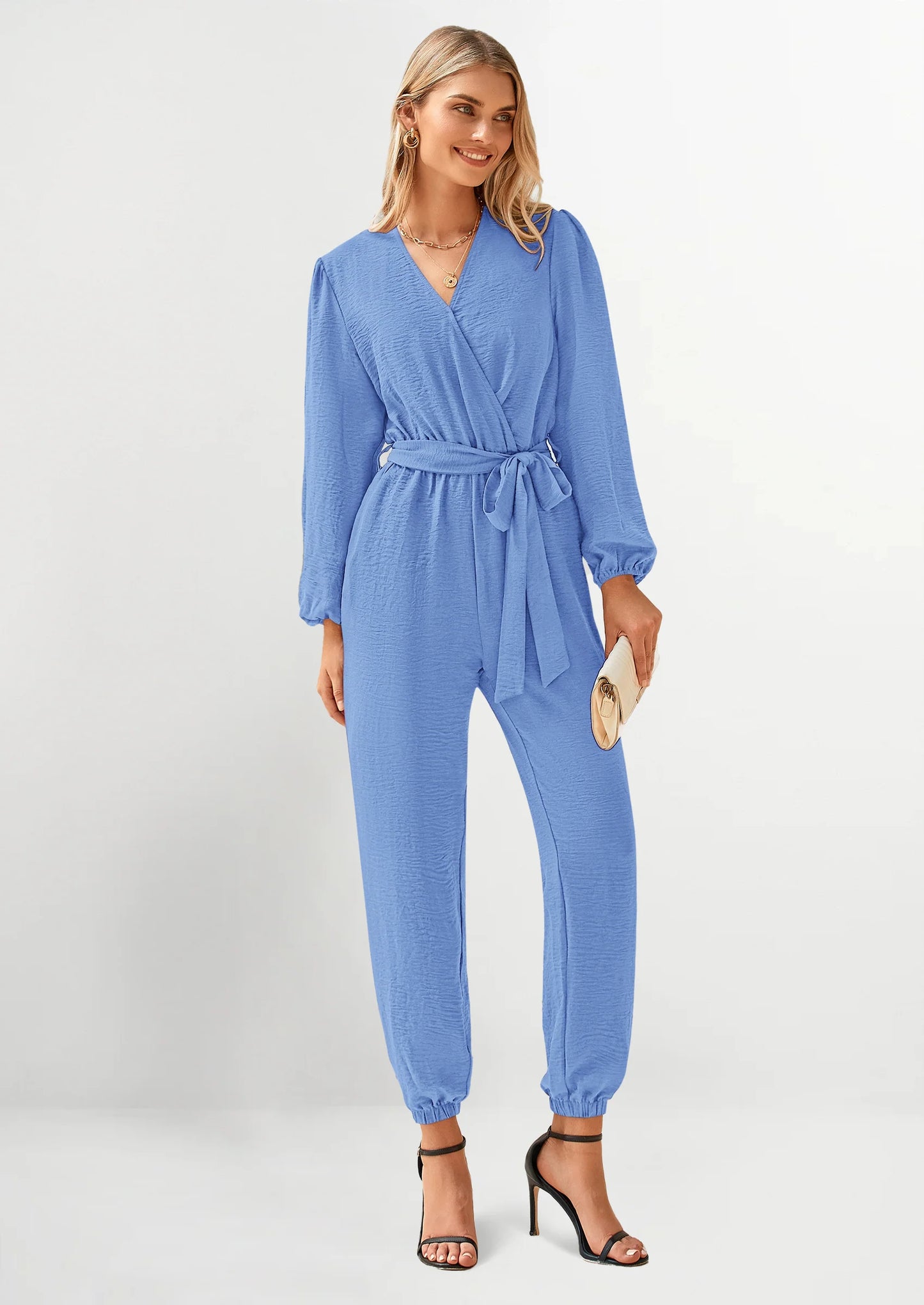 Women's Fall Jumpsuits Dressy Casual Pants Romper Spring Long Sleeve V Neck Belt Pockets One Piece Outfits
