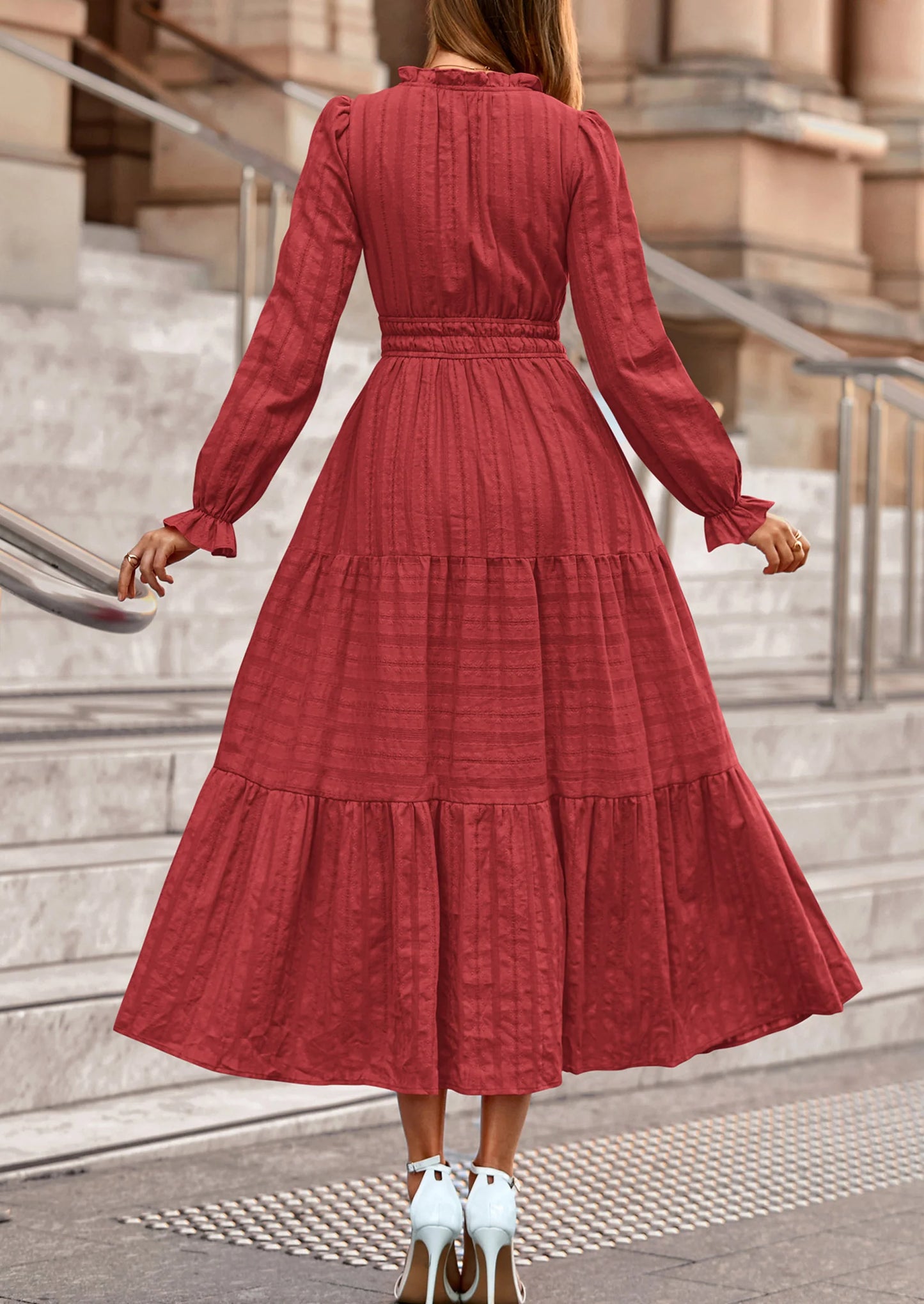 Women's Fall Wedding Guest Dresses Long Sleeve V Neck Flowy Elegant Holiday Party Maxi Dress with Pockets
