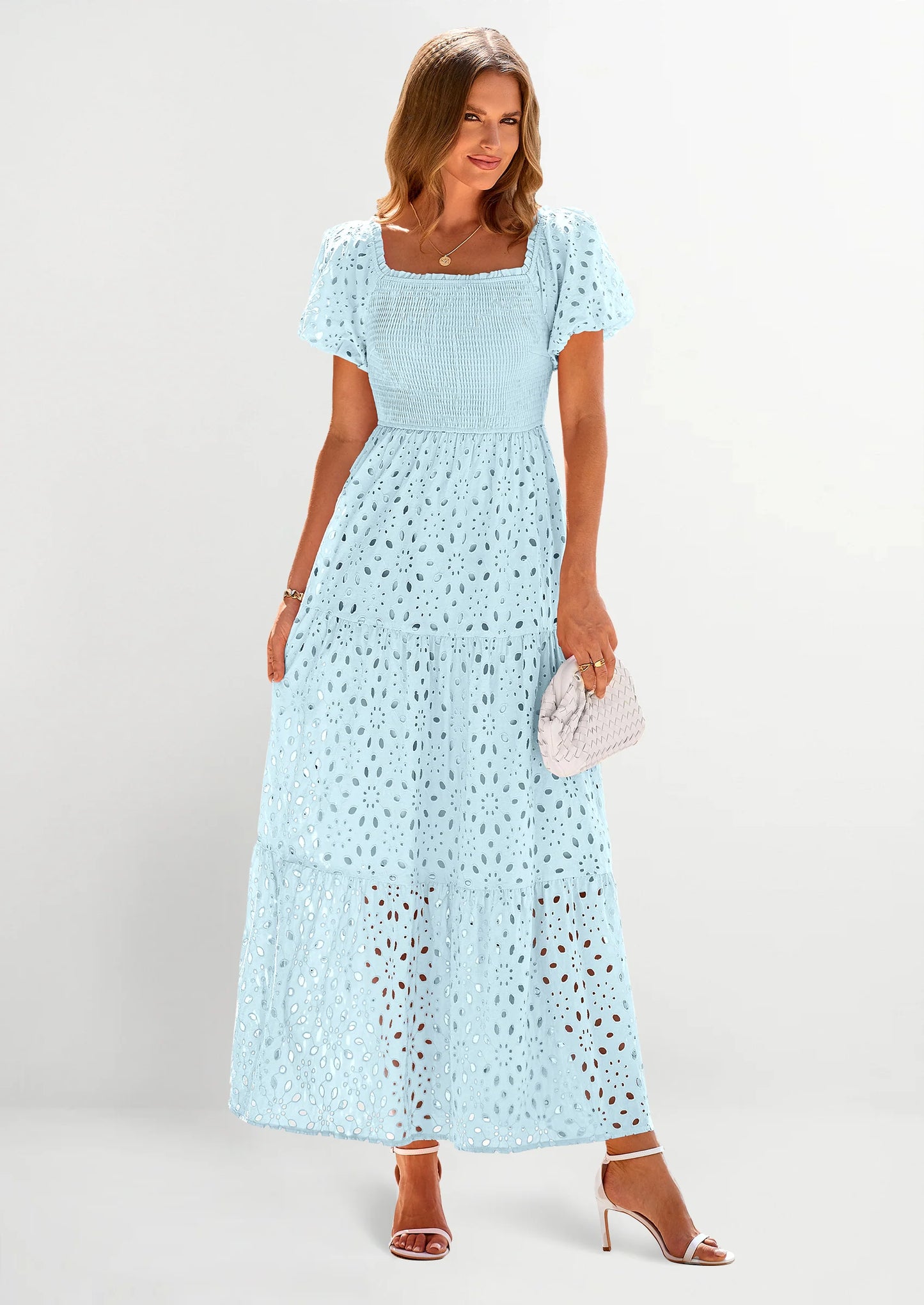 Dresses for Women Eyelet Square Neck Puff Sleeve Smocked Wedding Guest Maxi Dress with Pockets