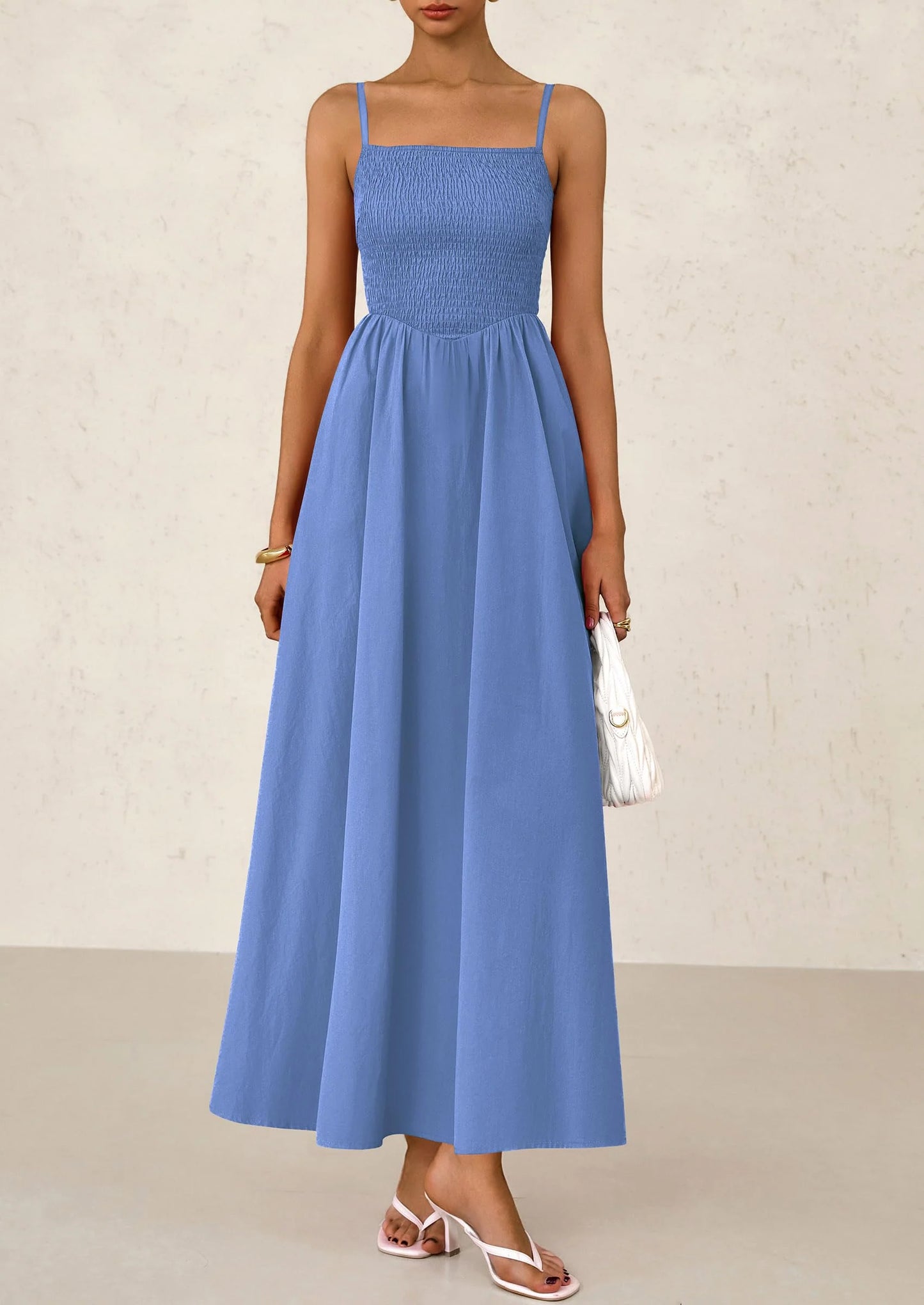 Women's Smocked Maxi Dresses Beach Sundress Casual Spaghetti Strap Swing A Line Long Flowy Dress