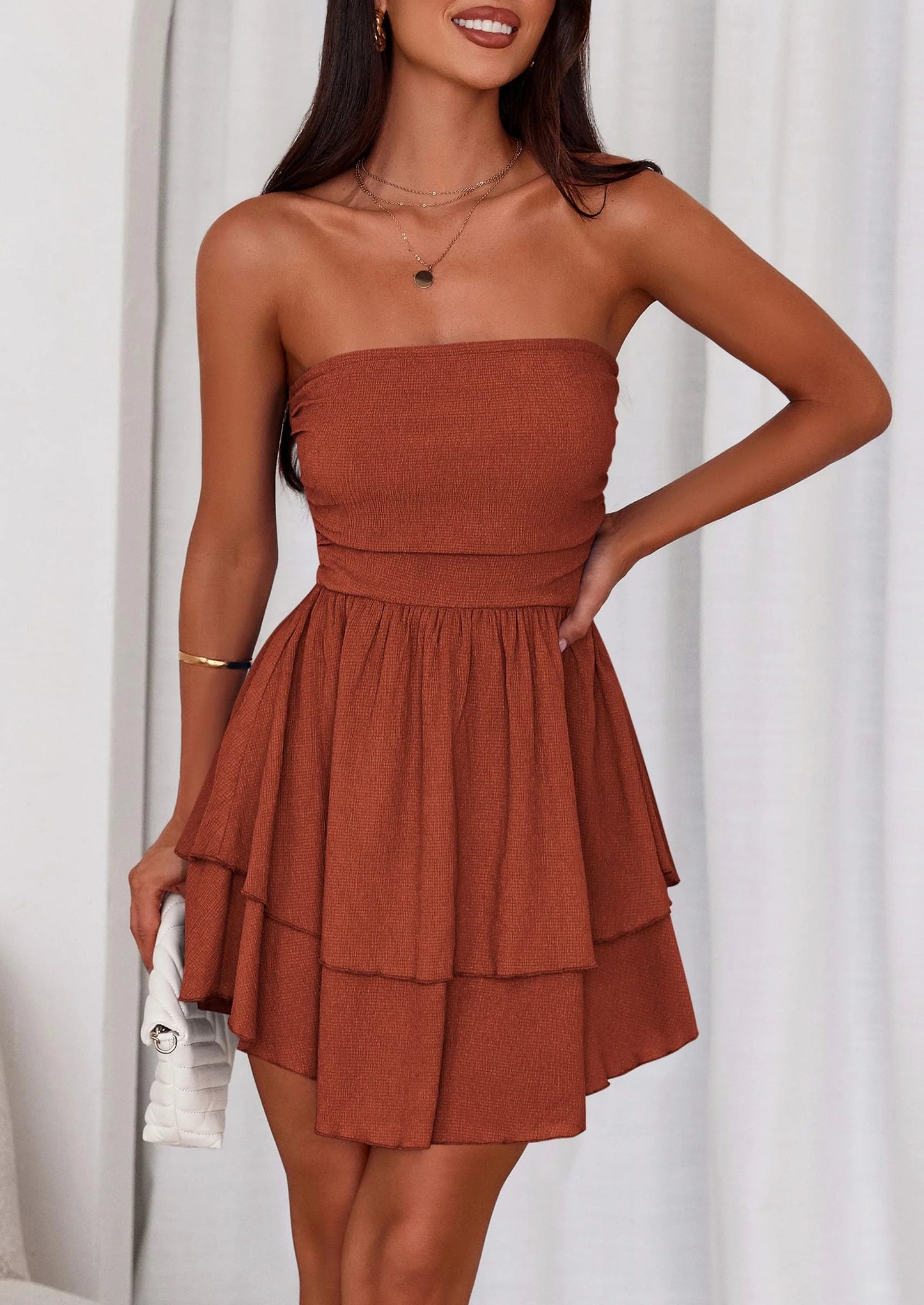 Women's Summer Strapless Tube Mini Dress Off Shoulder Smocked Ruffle A Line Flowy Short Party Club Dresses