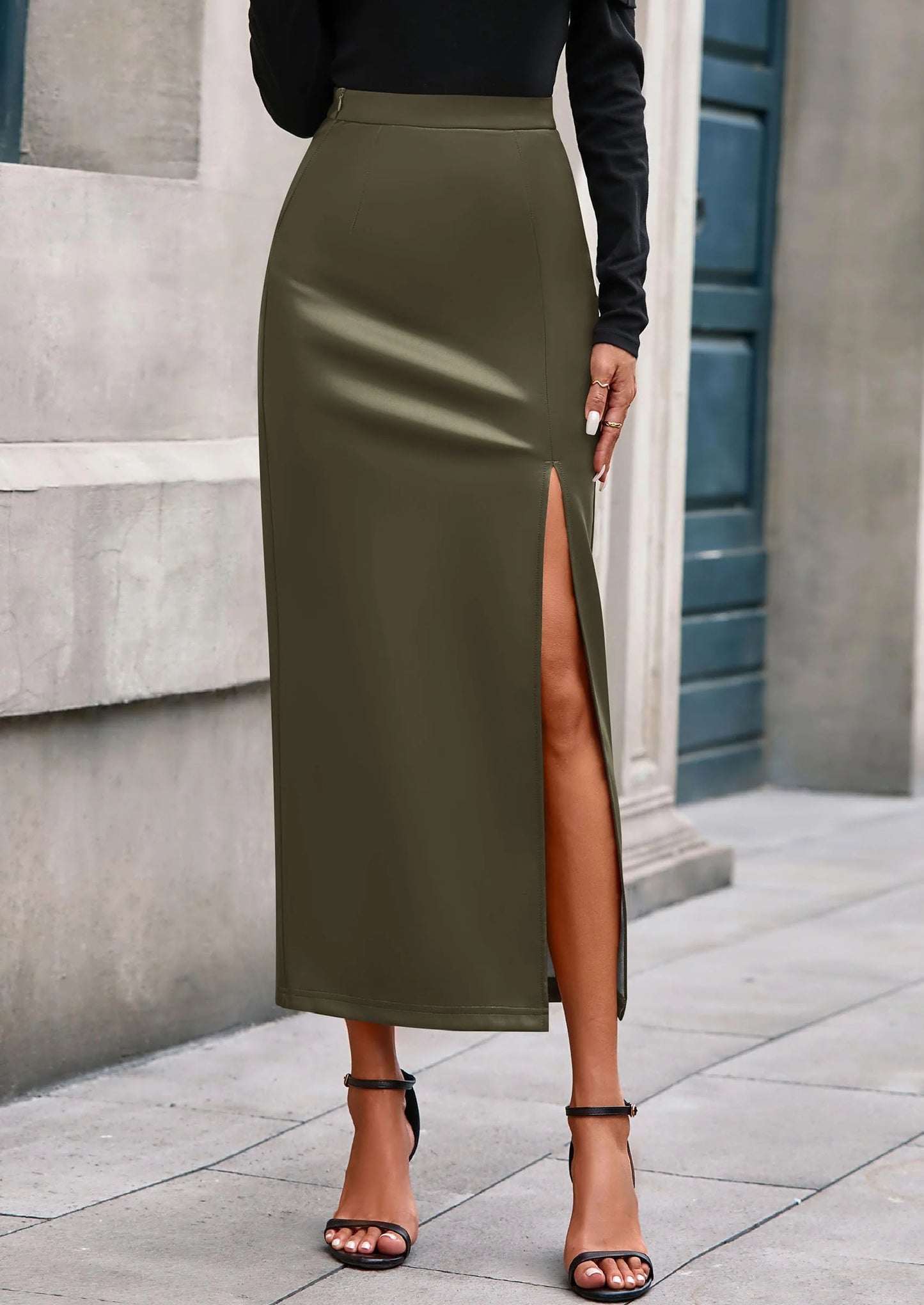 Womens Faux Leather Skirt Fall Bodycon High Waisted Slit Dressy Casual Winter Maxi Long Pencil Skirts