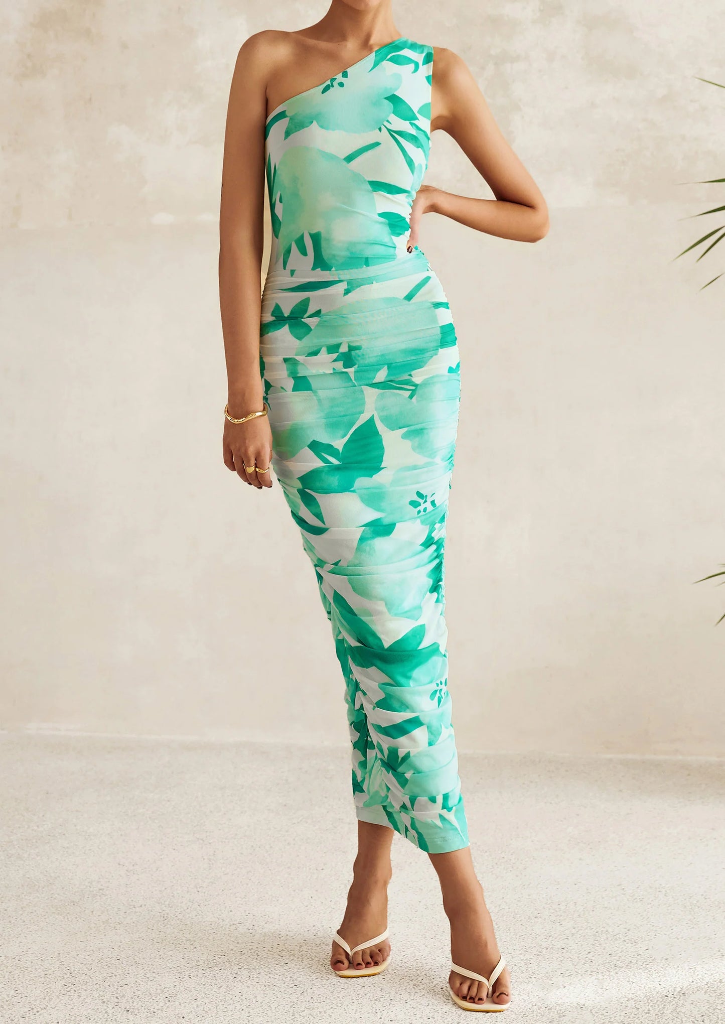 Women's One Shoulder Bodycon Dresses Ruched Floral Beach Cocktail Wedding Guest Dress