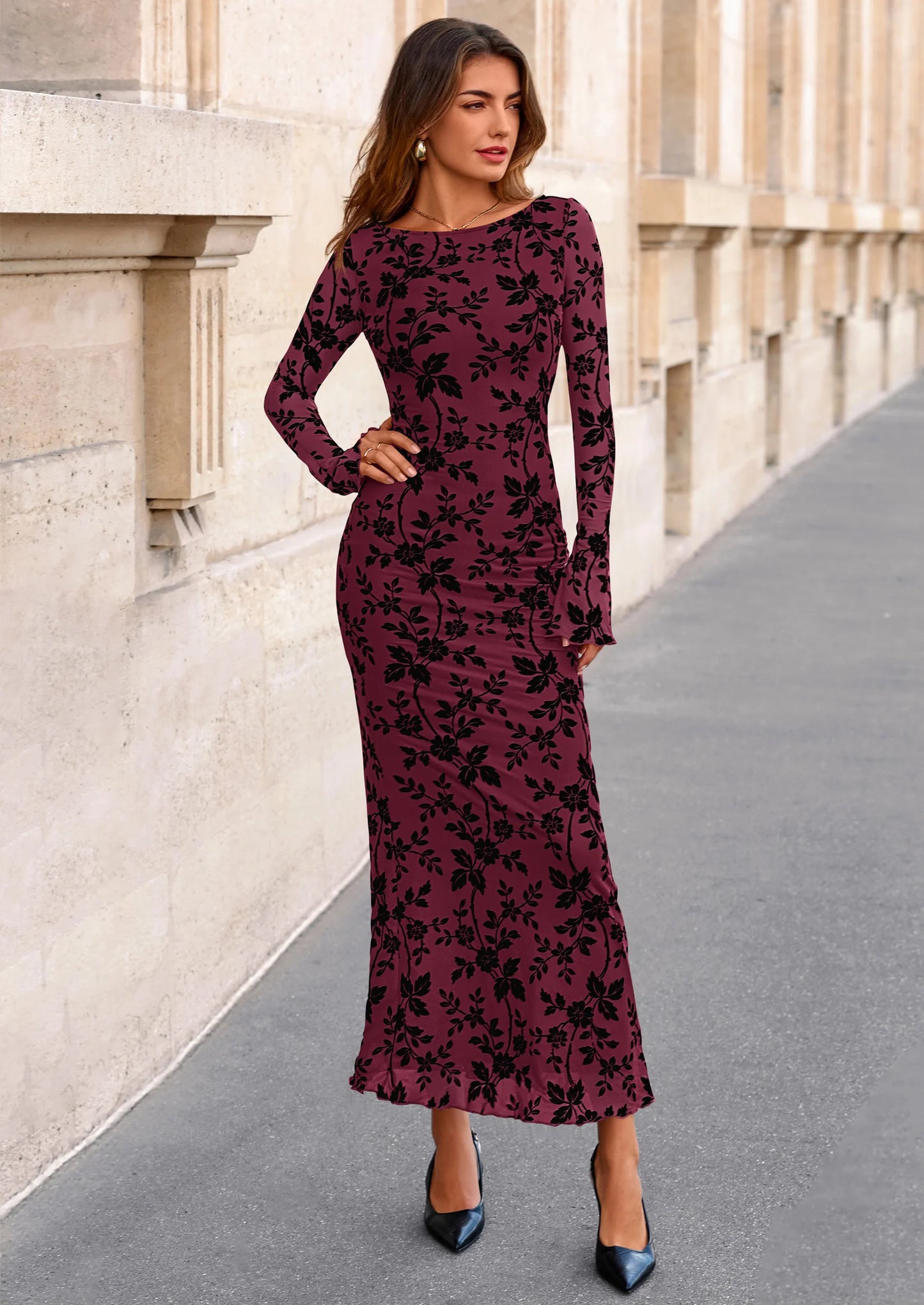 Women's Floral Bodycon Maxi Dress Fall Elegant Mesh Long Sleeve Formal Wedding Guest Cocktail Dresses