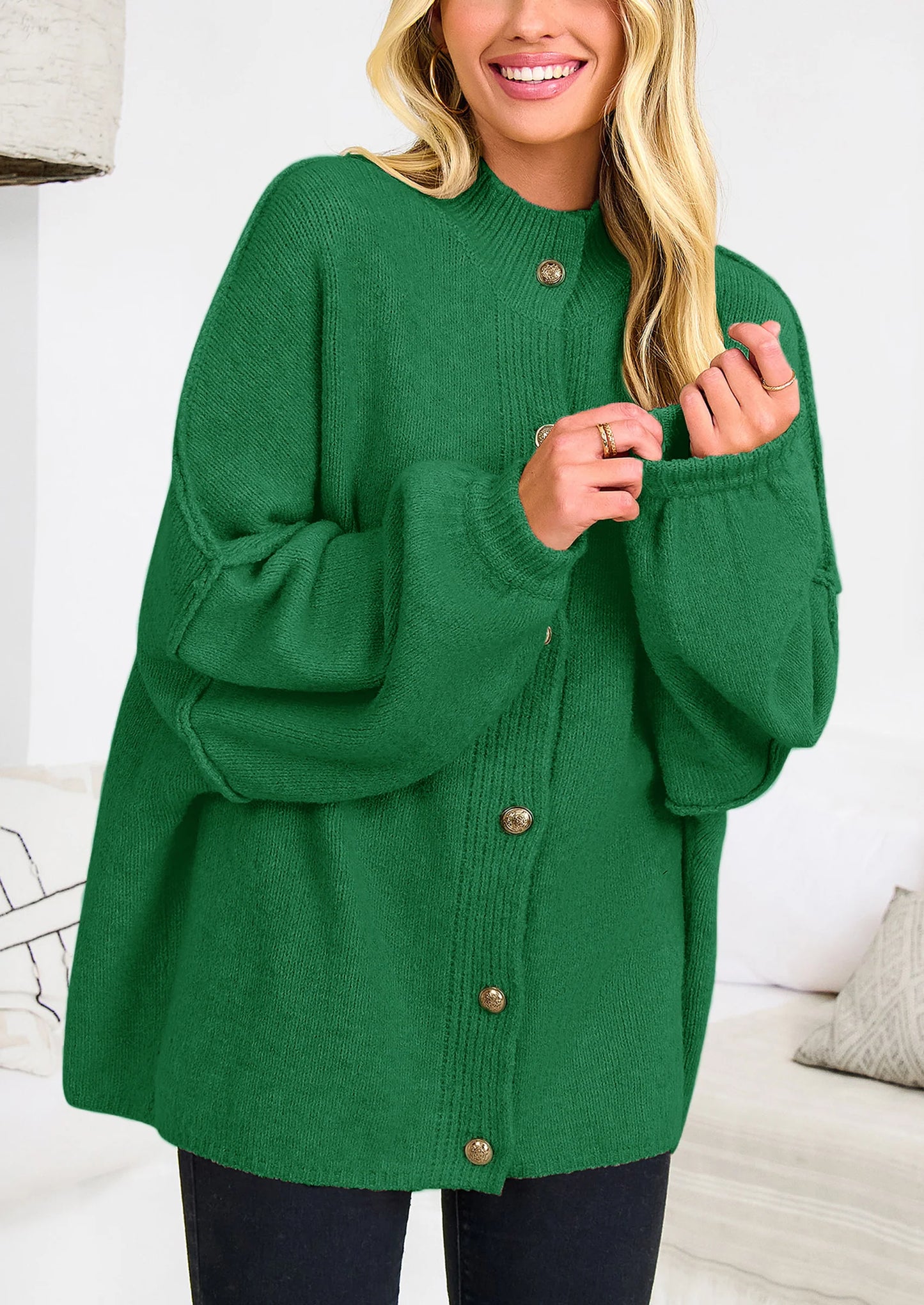Women's Winter Button Down Cardigan Sweaters Mock Neck Lantern Long Sleeve Chunky Knit Jacket Trendy Outerwear
