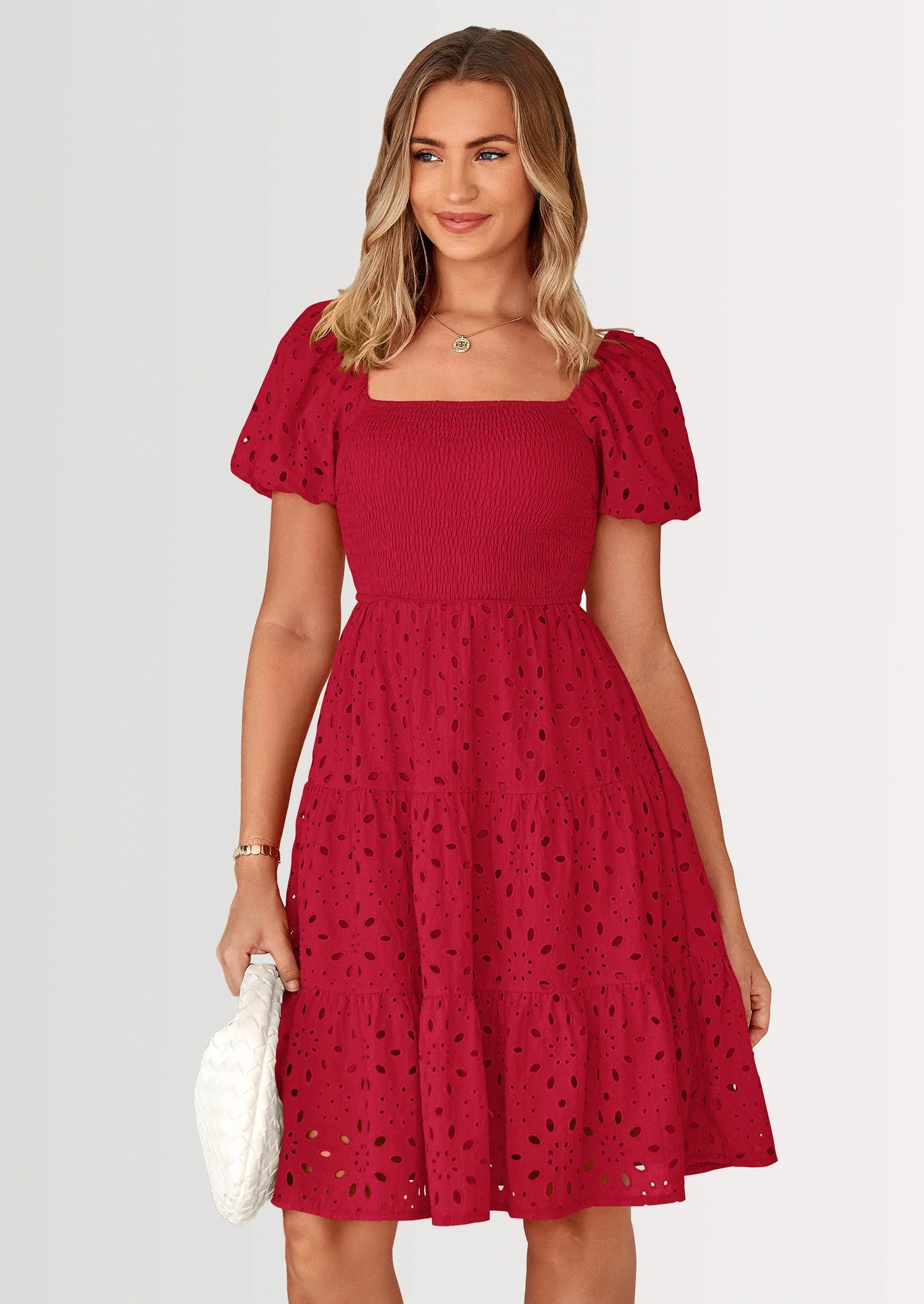 Womens Summer Puff Sleeve Mini Dress Off Shoulder Eyelet Smocked A Line Casual Babydoll Short Dresses