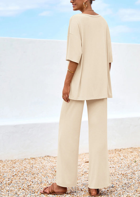 Women's 2 Piece Outfits Summer Casual V Neck Short Sleeve Tops Wide Leg Pants Matching Lounge Sets