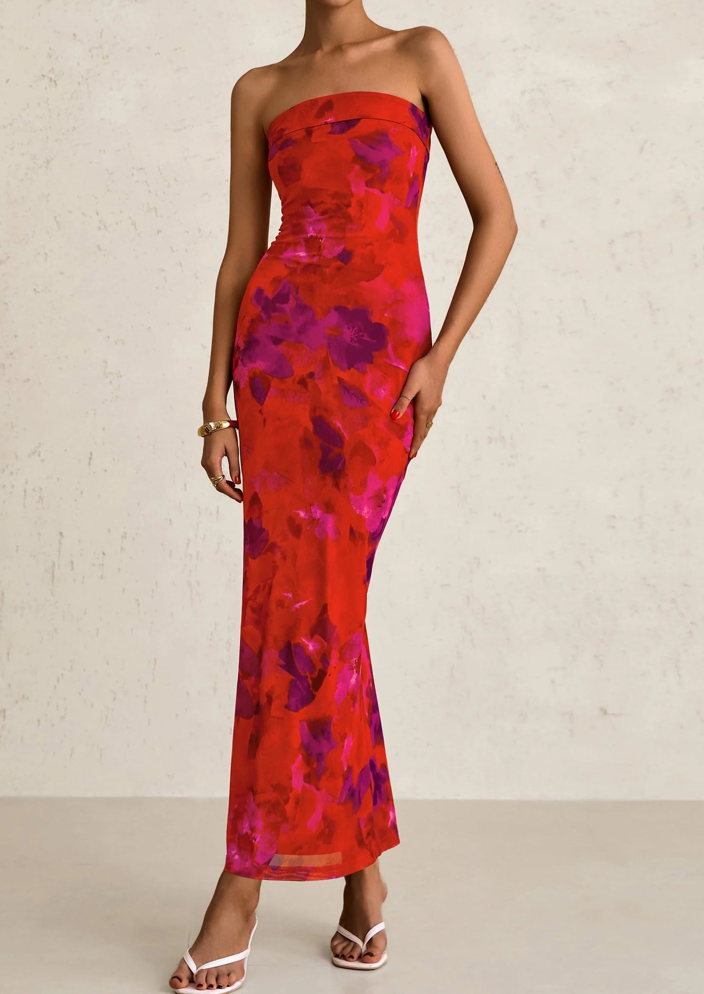 Womens Printed Tube Maxi Dress Strapless Bodycon Sleeveless Night Out Long Dresses