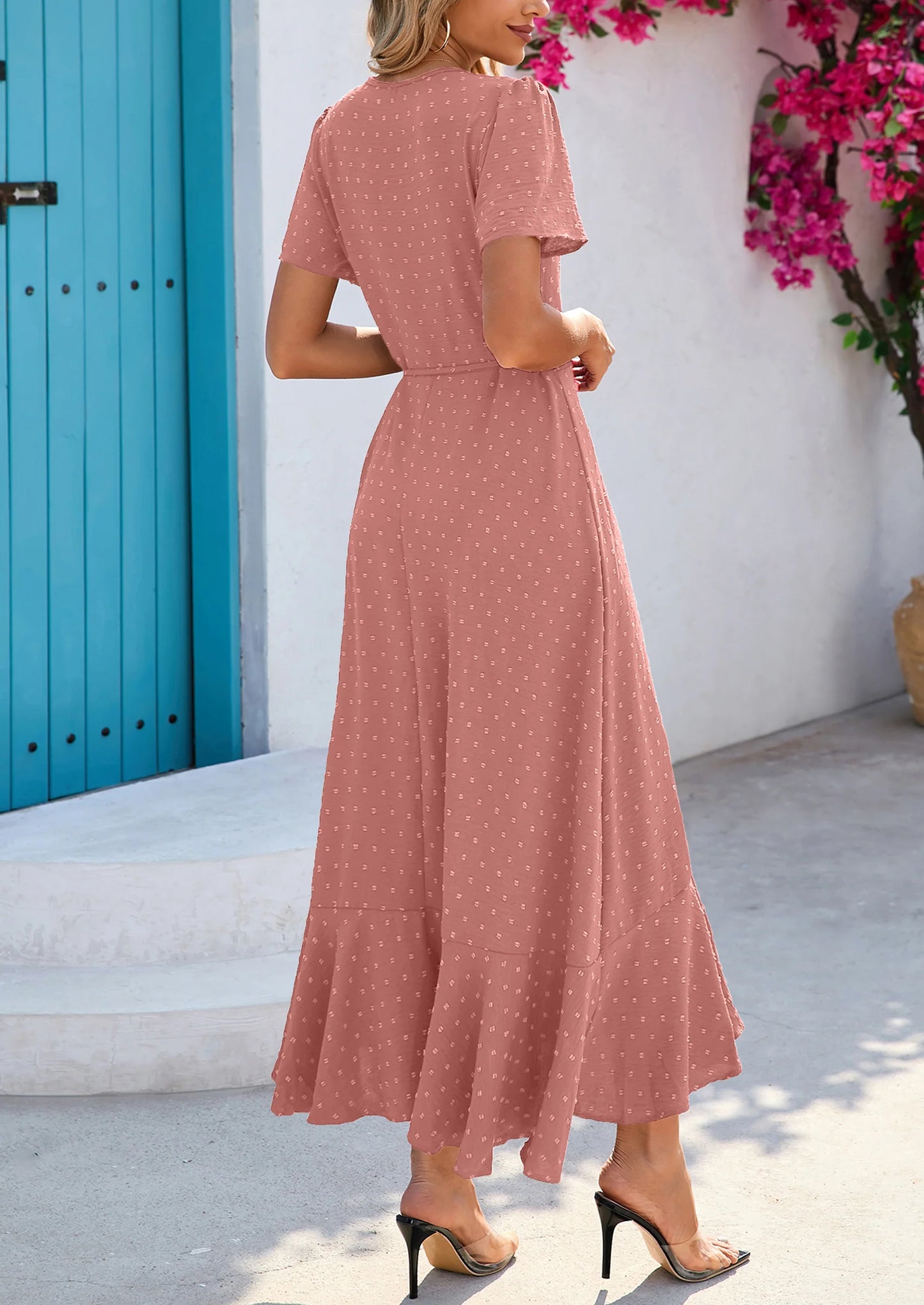 Women's Summer Maxi Dress Casual Wrap Floral Boho Short Sleeve V Neck Split Ruffle Beach Long Dresses