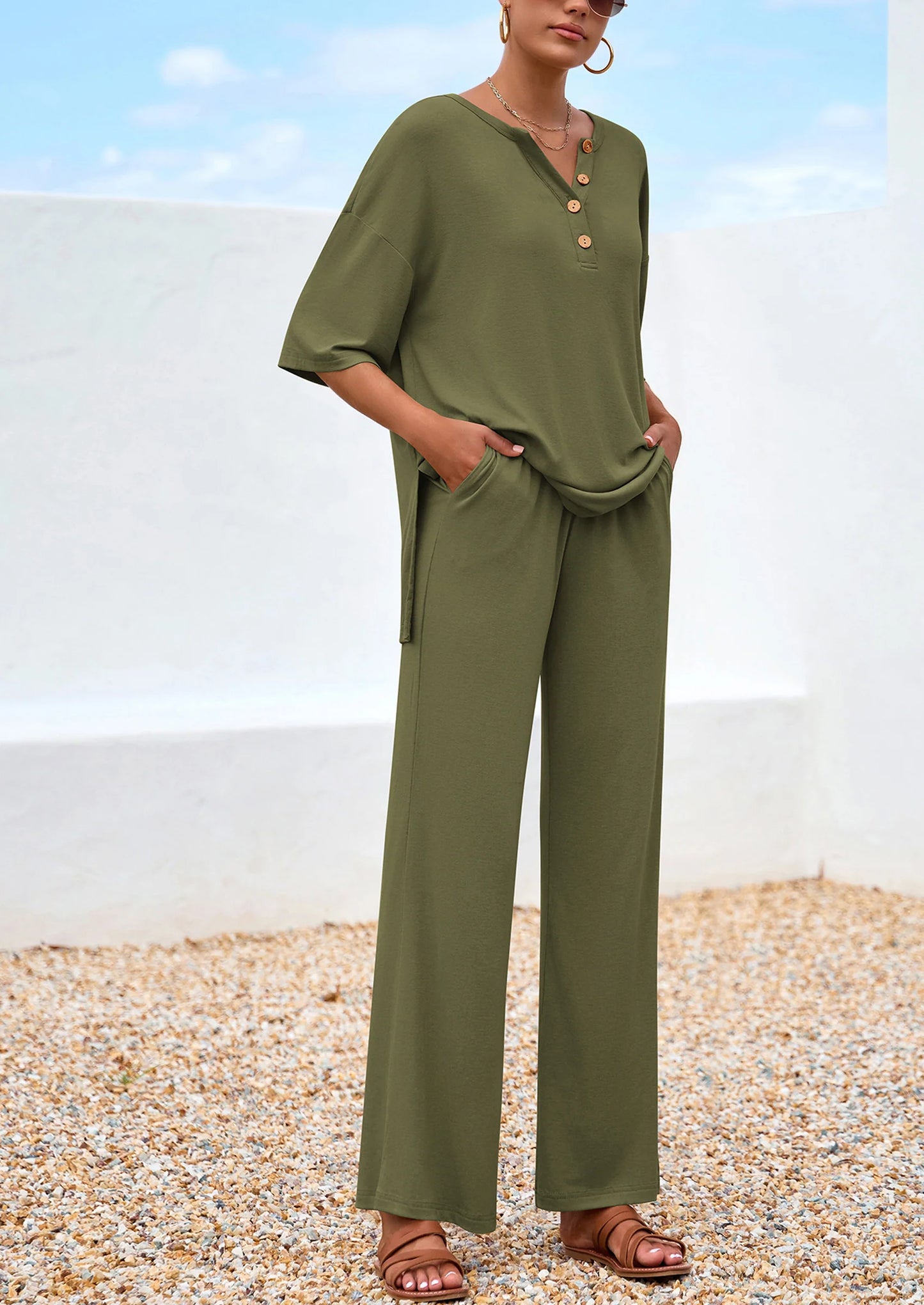 Women's 2 Piece Outfits Summer Casual V Neck Short Sleeve Tops Wide Leg Pants Matching Lounge Sets