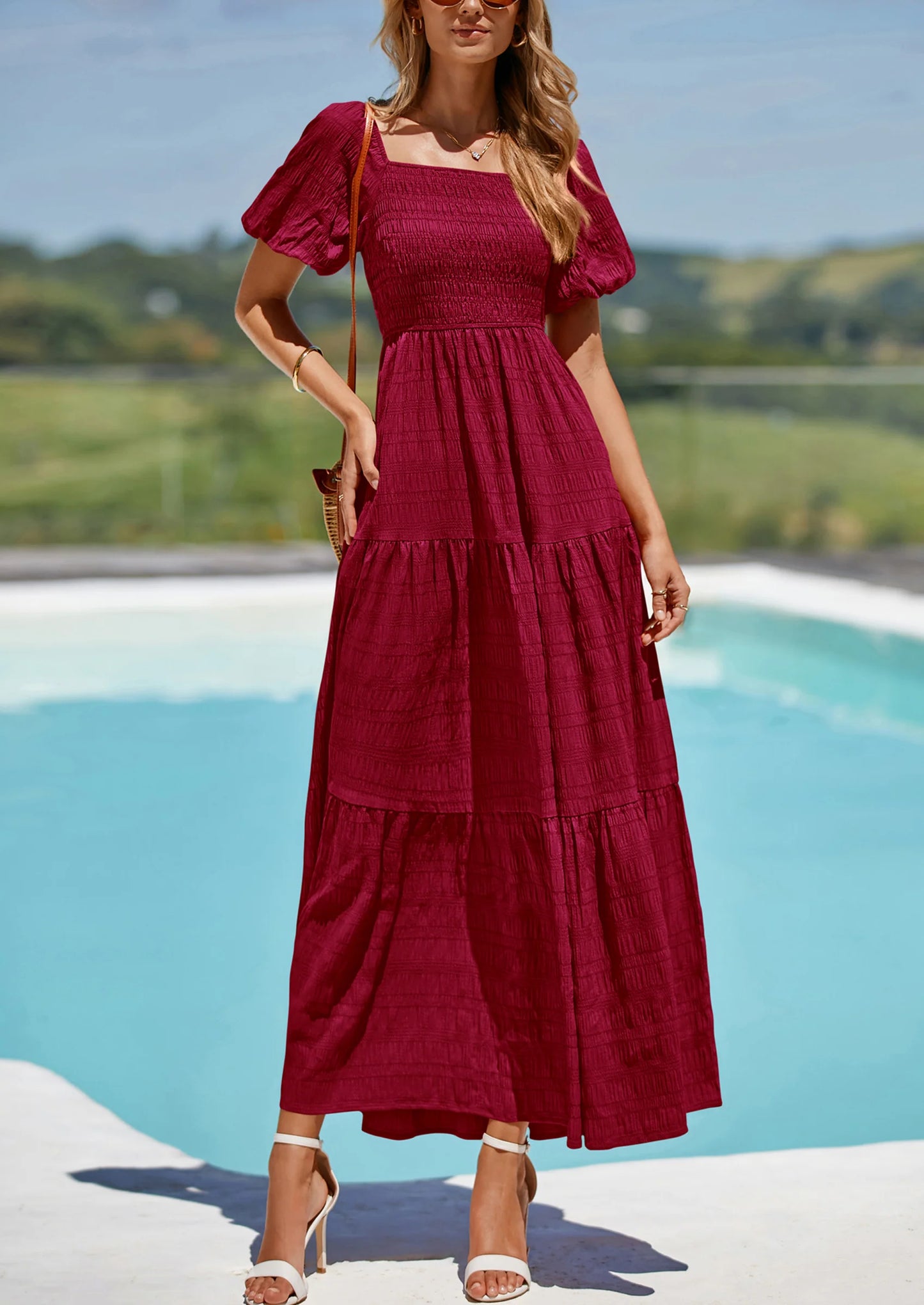 Womens Summer Puff Short Sleeve Maxi Dress Square Neck Smocked Tiered Ruffle A Line Long Flowy Beach Dresses