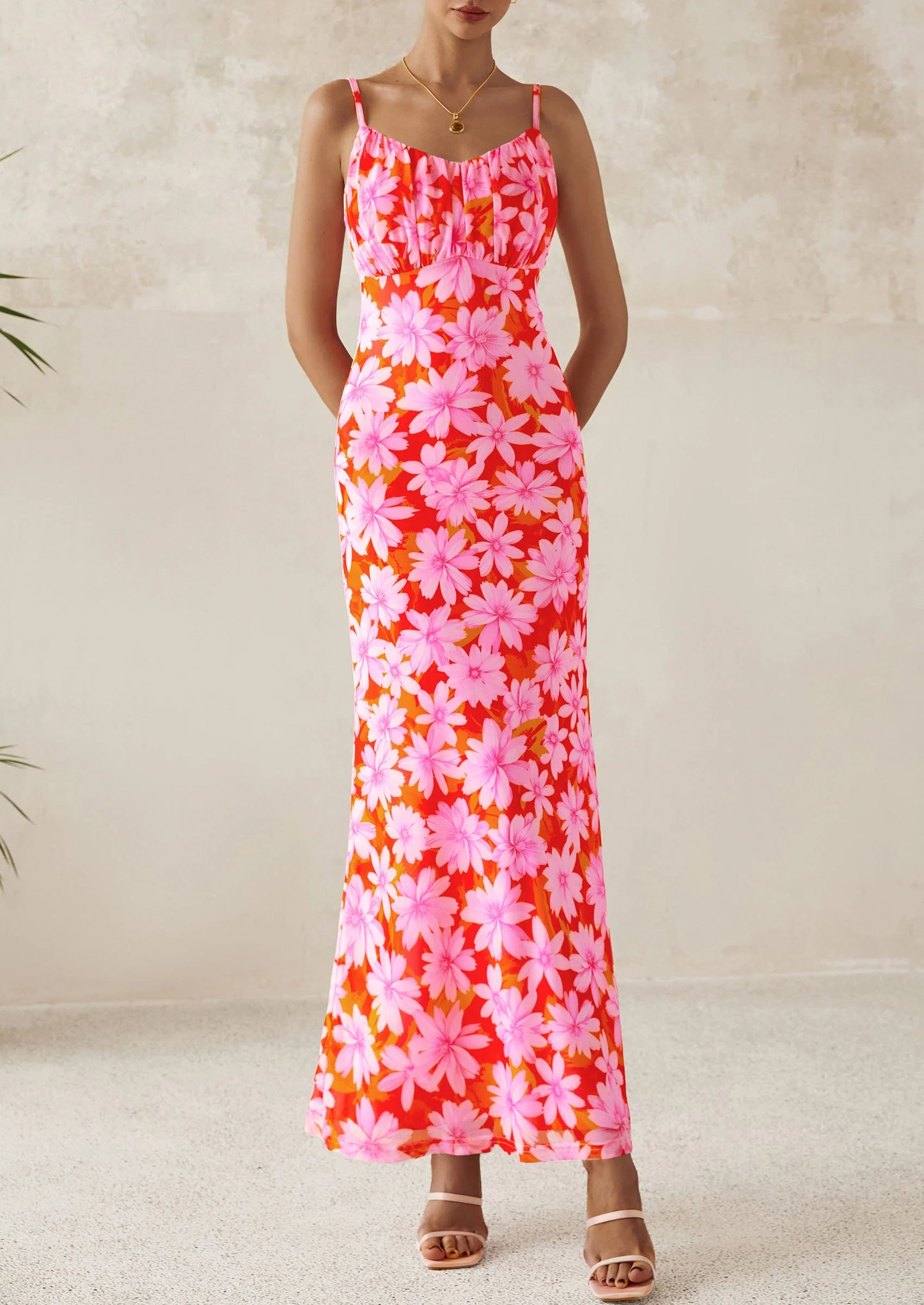 Women's Bodycon Maxi Dress Floral Sundress Sleeveless Spaghetti Strap Cocktail Party Dress