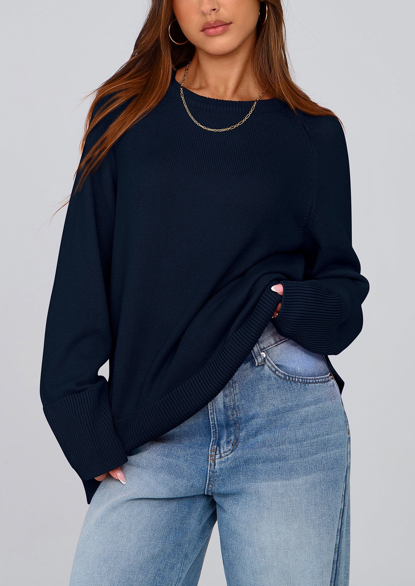 Women's Knit Fall Sweaters Long Sleeve Pullover Crewneck Split Hem Oversized Tunic Sweater Tops Winter Clothing