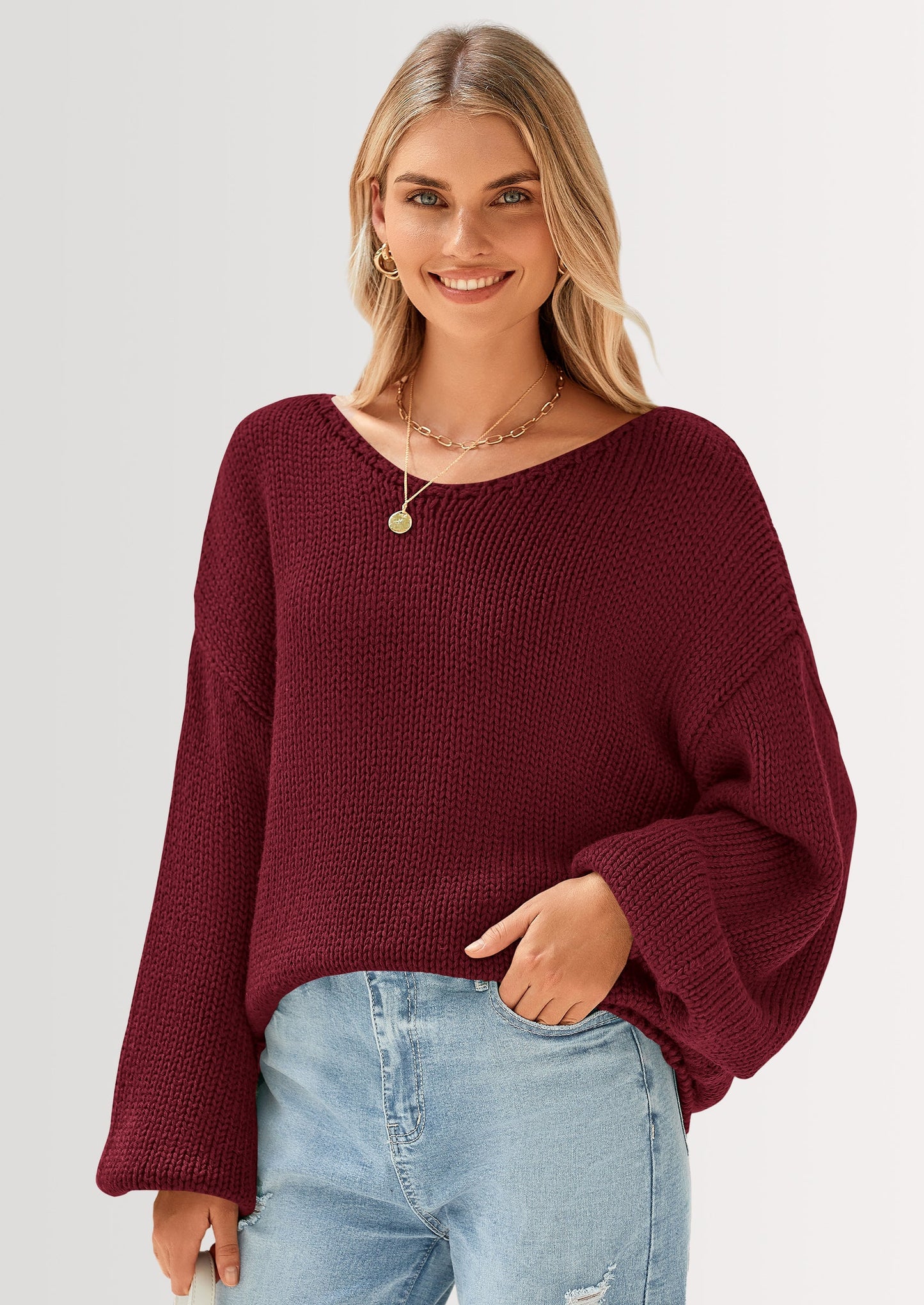 Women's Fall Oversized Sweaters Long Sleeve V Neck Dressy Casual Chunky Knit Loose Pullover Tops Winter Clothing