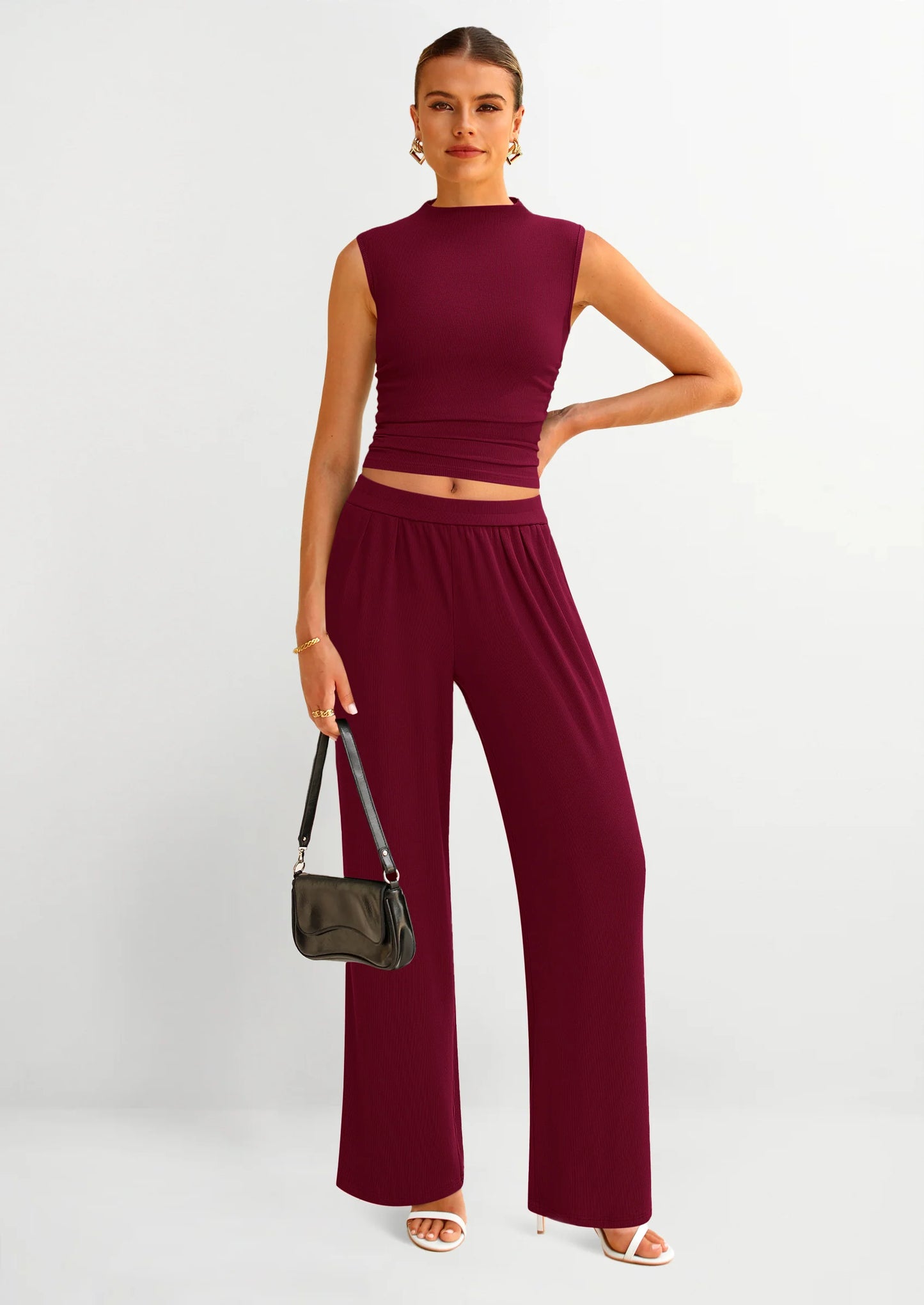 2 Piece Sets for Women Summer Airport Travel Outfits Crop Tank Tops Wide Leg Pants Matching Lounge Sets
