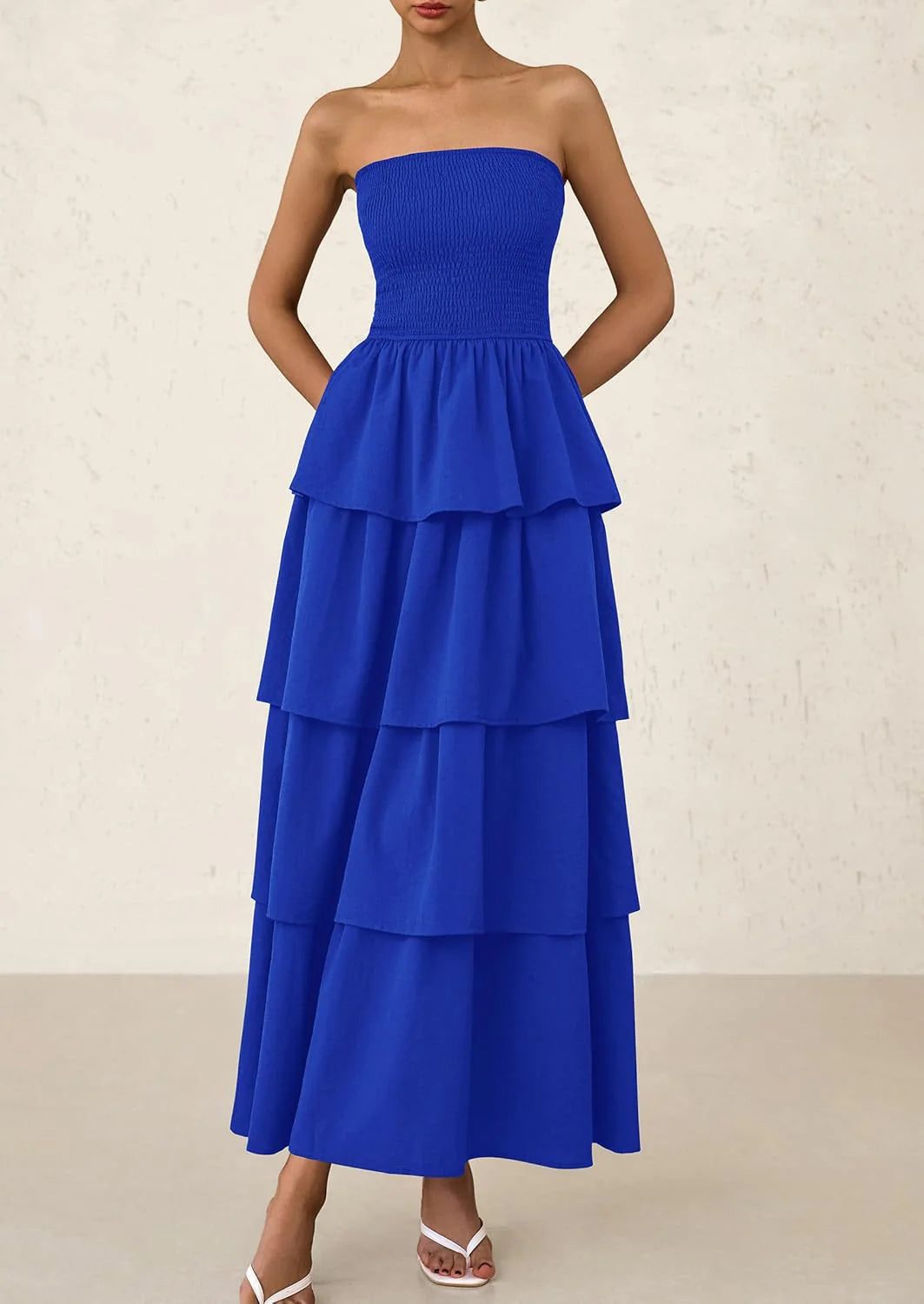 Maxi Dresses for Women Off Shoulder Smocked Tiered Ruffle Long Flowy Wedding Guest Dress