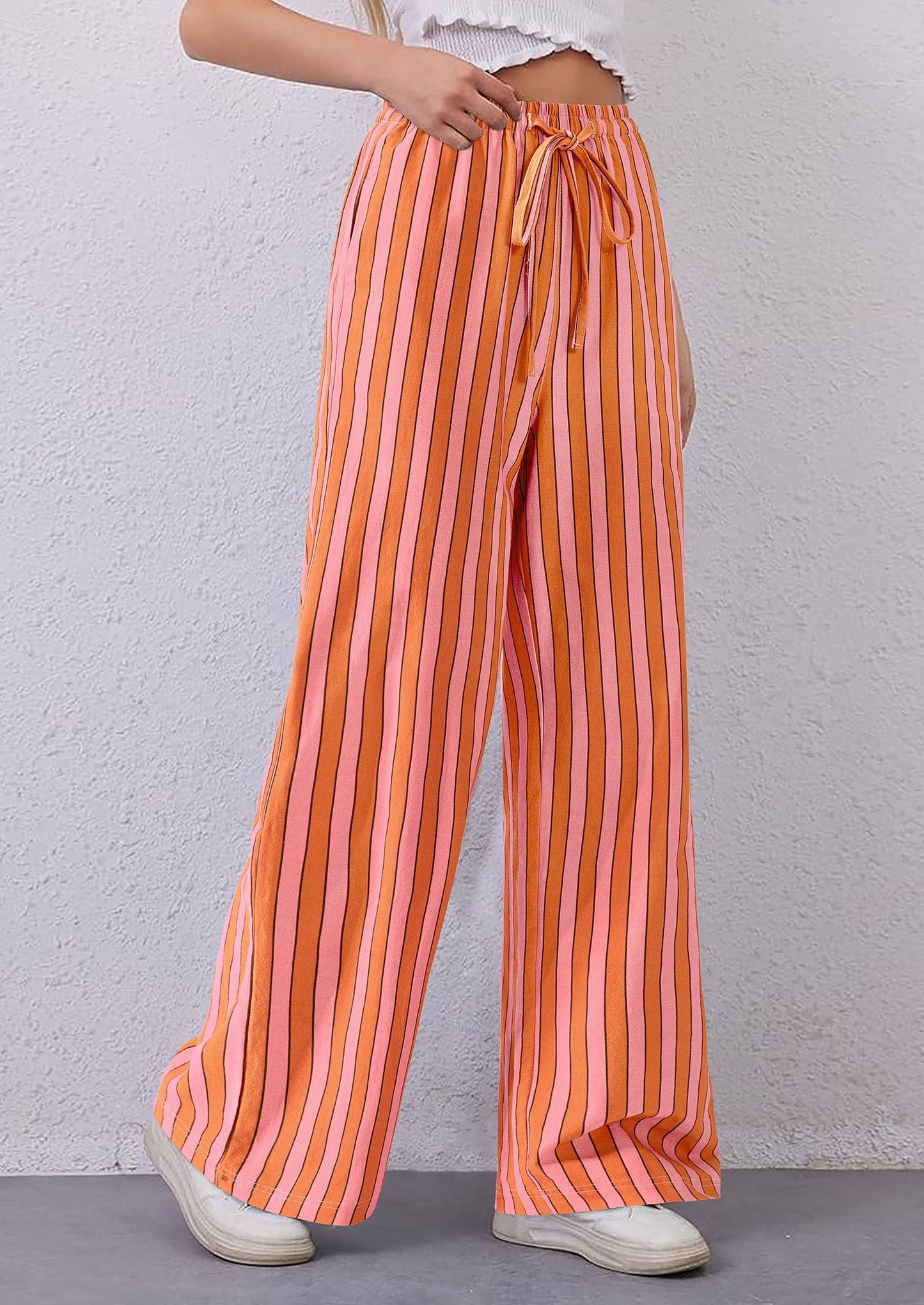 Women's Summer Striped Wide Leg Lounge Pants Trendy Clothes Drawstring Elastic Waist Comfy Pajama Bottoms