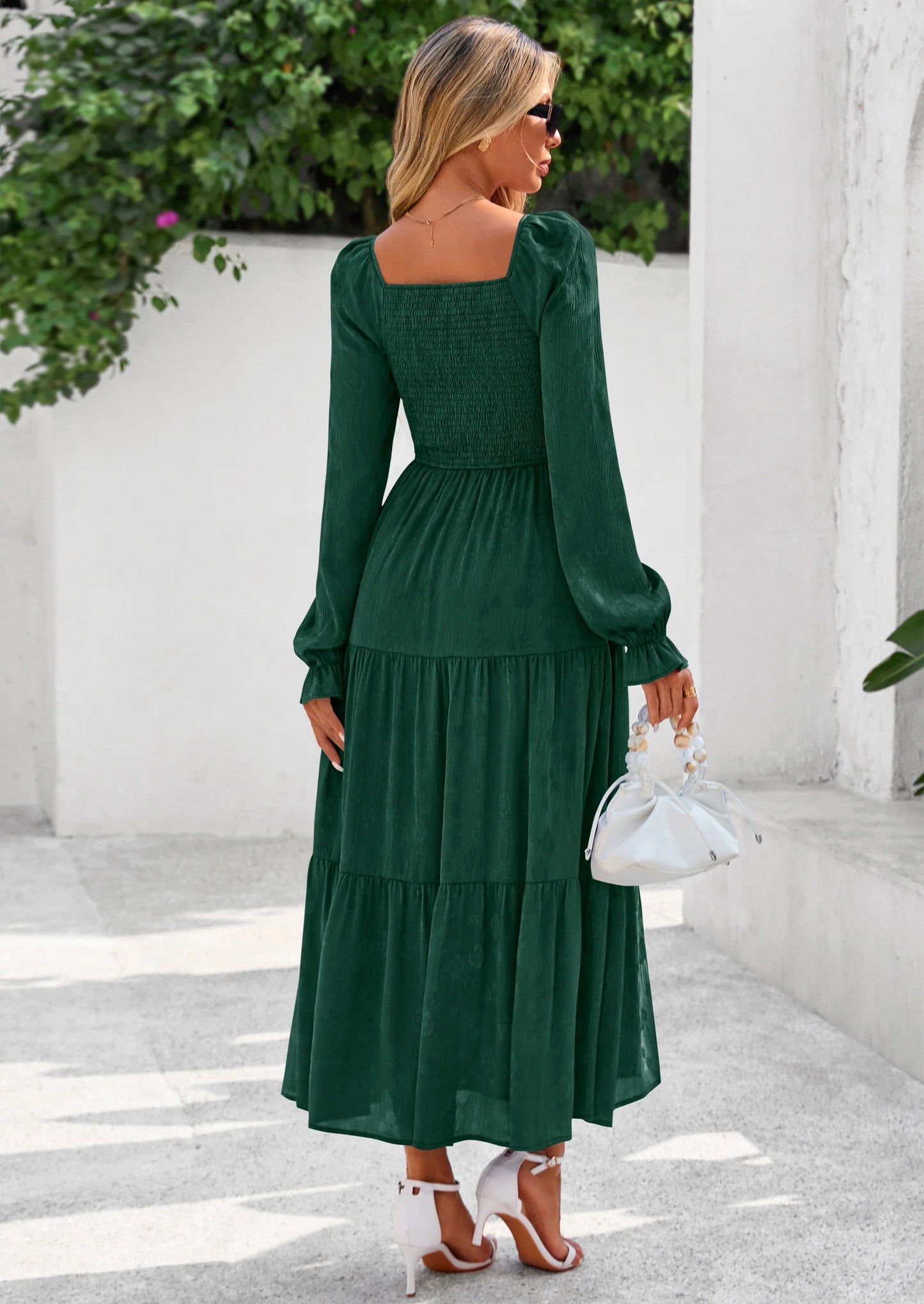 Fall Wedding Guest Dresses for Women Floral Long Sleeve Smocked Tiered Elegant Long Flowy Boho Dress