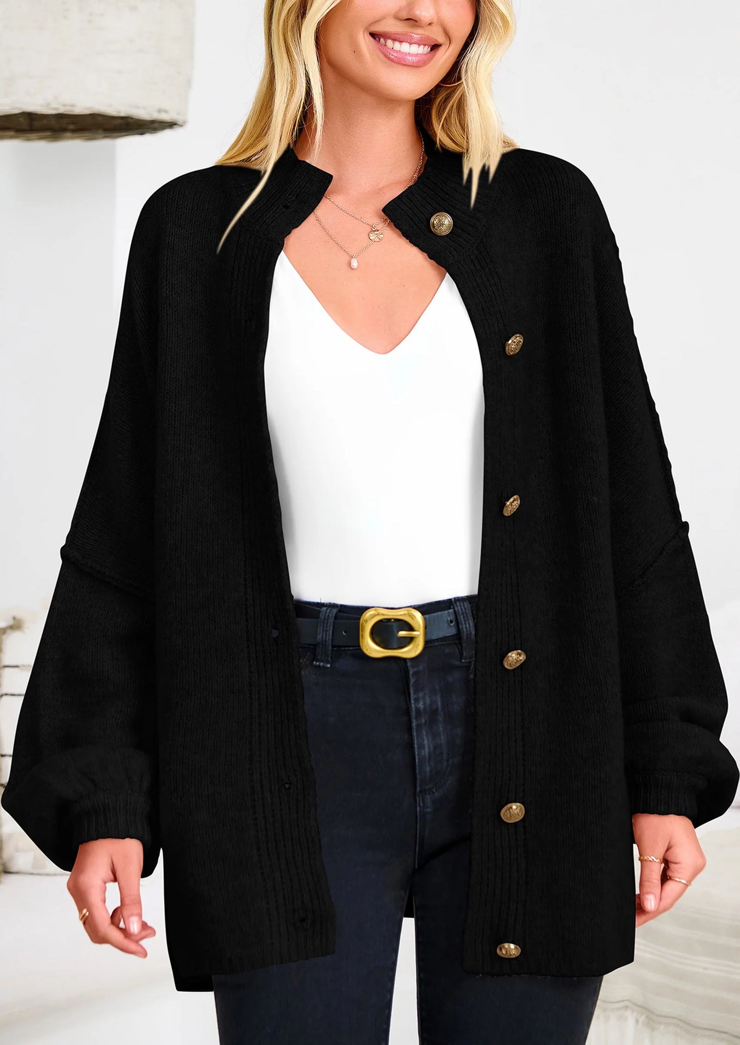 Women's Winter Button Down Cardigan Sweaters Mock Neck Lantern Long Sleeve Chunky Knit Jacket Trendy Outerwear